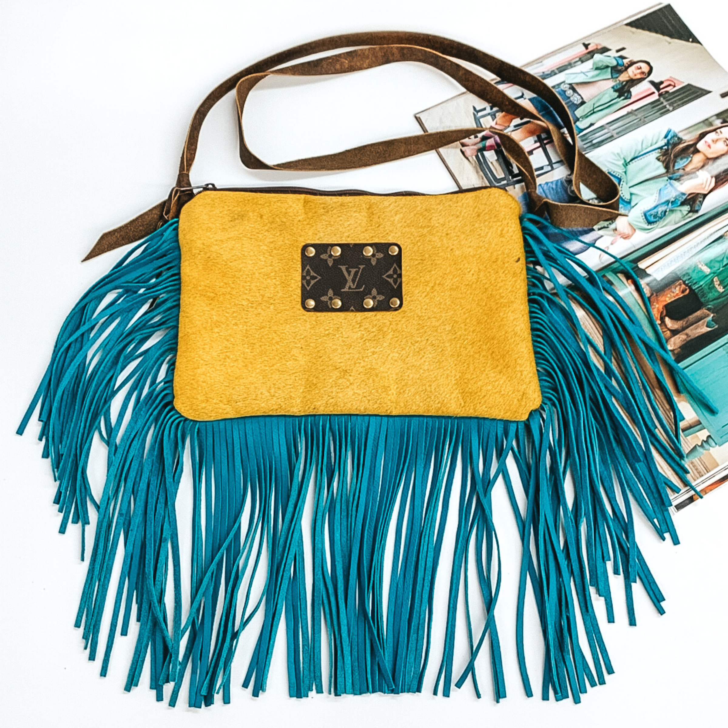 Keep It Gypsy | Yellow Cowhide Crossbody Purse with Genuine Leather Turquoise Fringe - Giddy Up Glamour Boutique