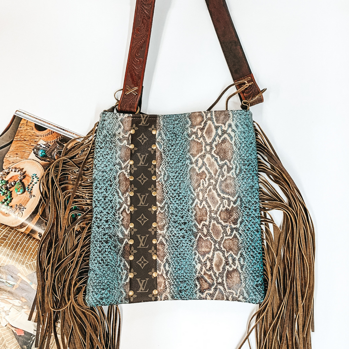 Keep It Gypsy | Hazel Bag in Turquoise Snake Print with Leather Fringe and Tooled Purse Strap - Giddy Up Glamour Boutique