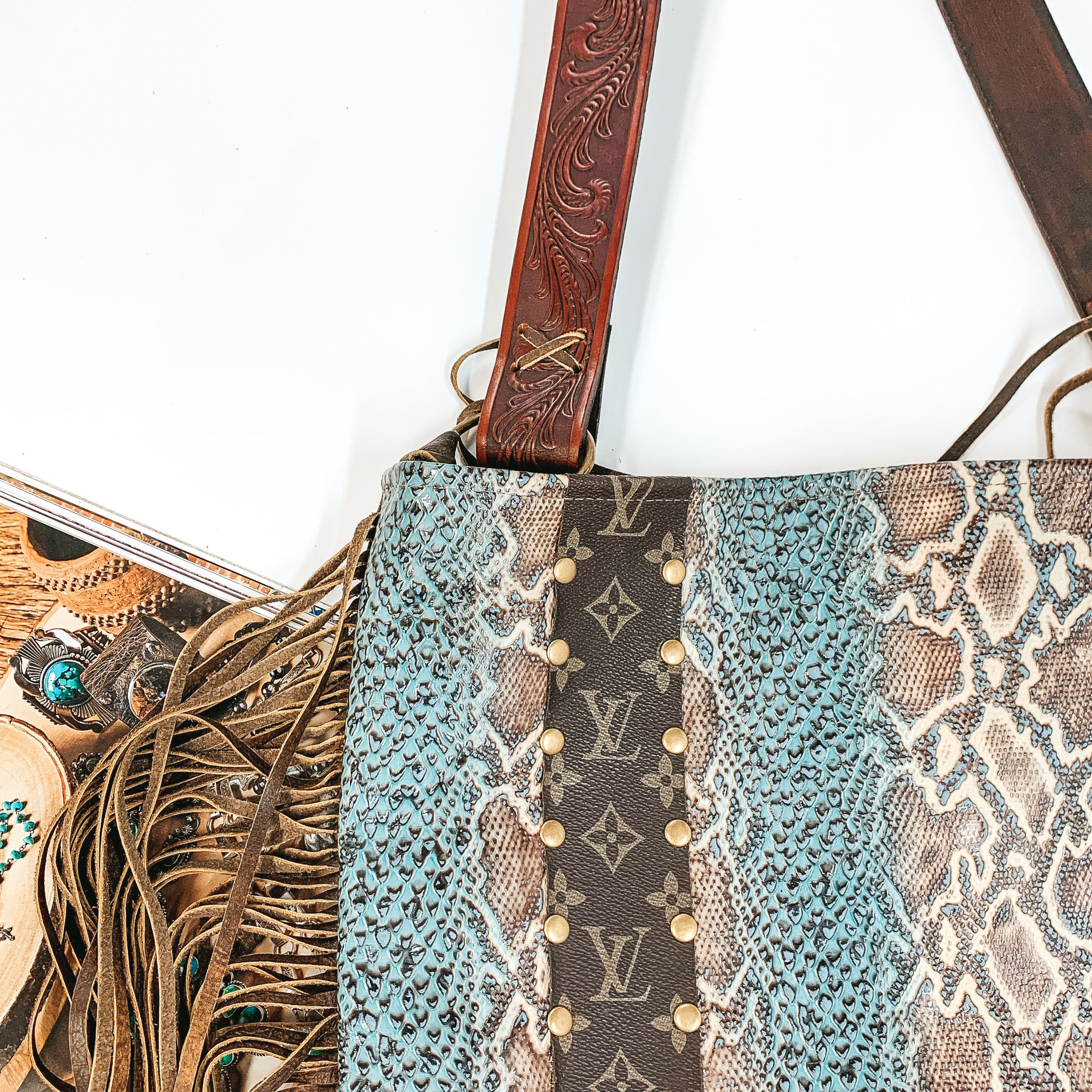 Keep It Gypsy | Hazel Bag in Turquoise Snake Print with Leather Fringe and Tooled Purse Strap - Giddy Up Glamour Boutique