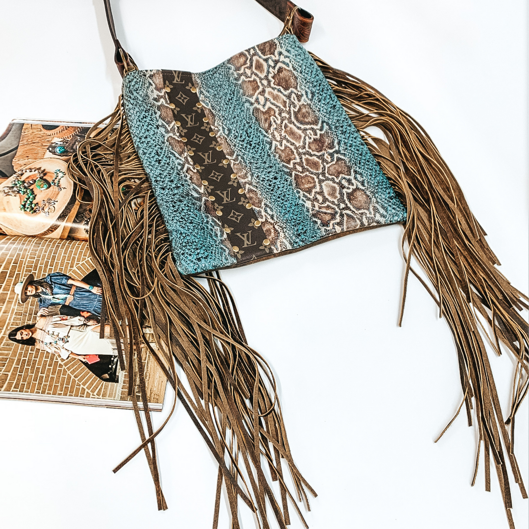 Keep It Gypsy | Hazel Bag in Turquoise Snake Print with Leather Fringe and Tooled Purse Strap - Giddy Up Glamour Boutique