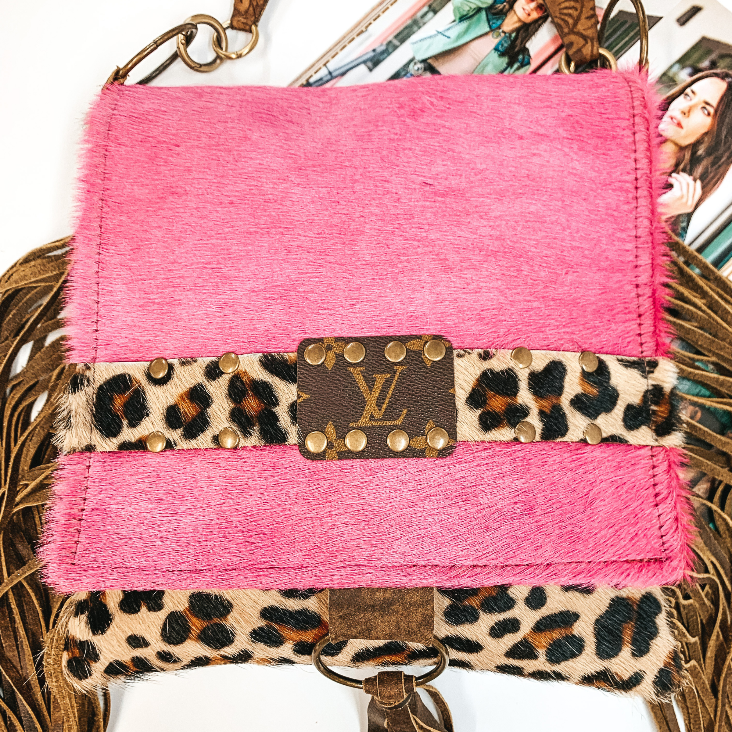 Keep It Gypsy | Leopard Print and Pink Cowhide Purse with Genuine Leather Fringe - Giddy Up Glamour Boutique