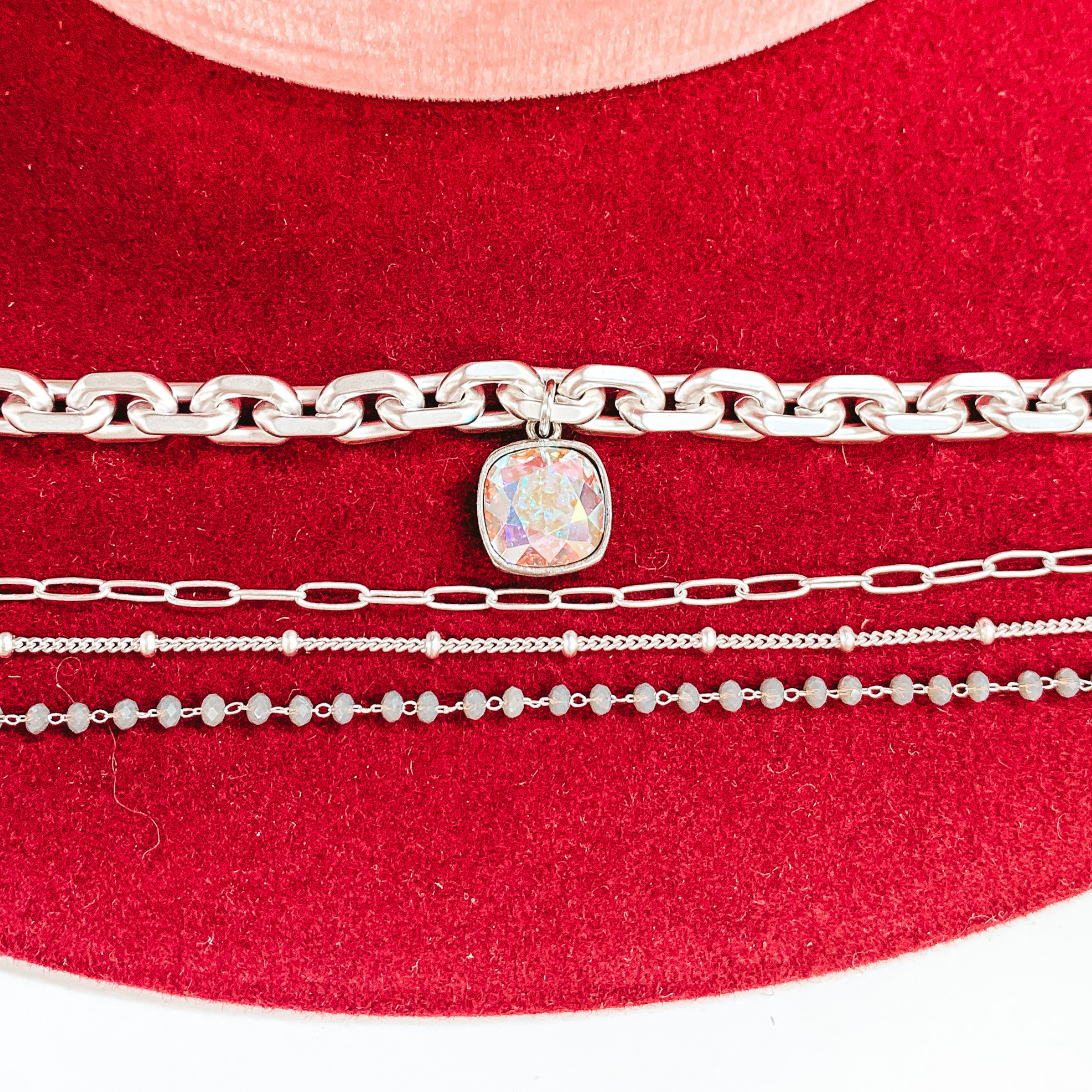 Pink Panache | Four Strand Crystal and Silver Chain Necklace with AB Cushion Cut Crystal Drop - Giddy Up Glamour Boutique