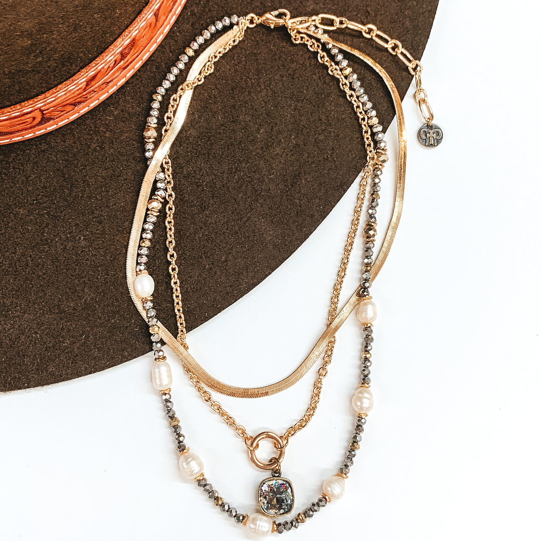 Pink Panache | 3 Strand Pearl and Grey Beaded Necklace with Gold Chains and Crystal Ignite Cushion Cut Crystal Drop - Giddy Up Glamour Boutique