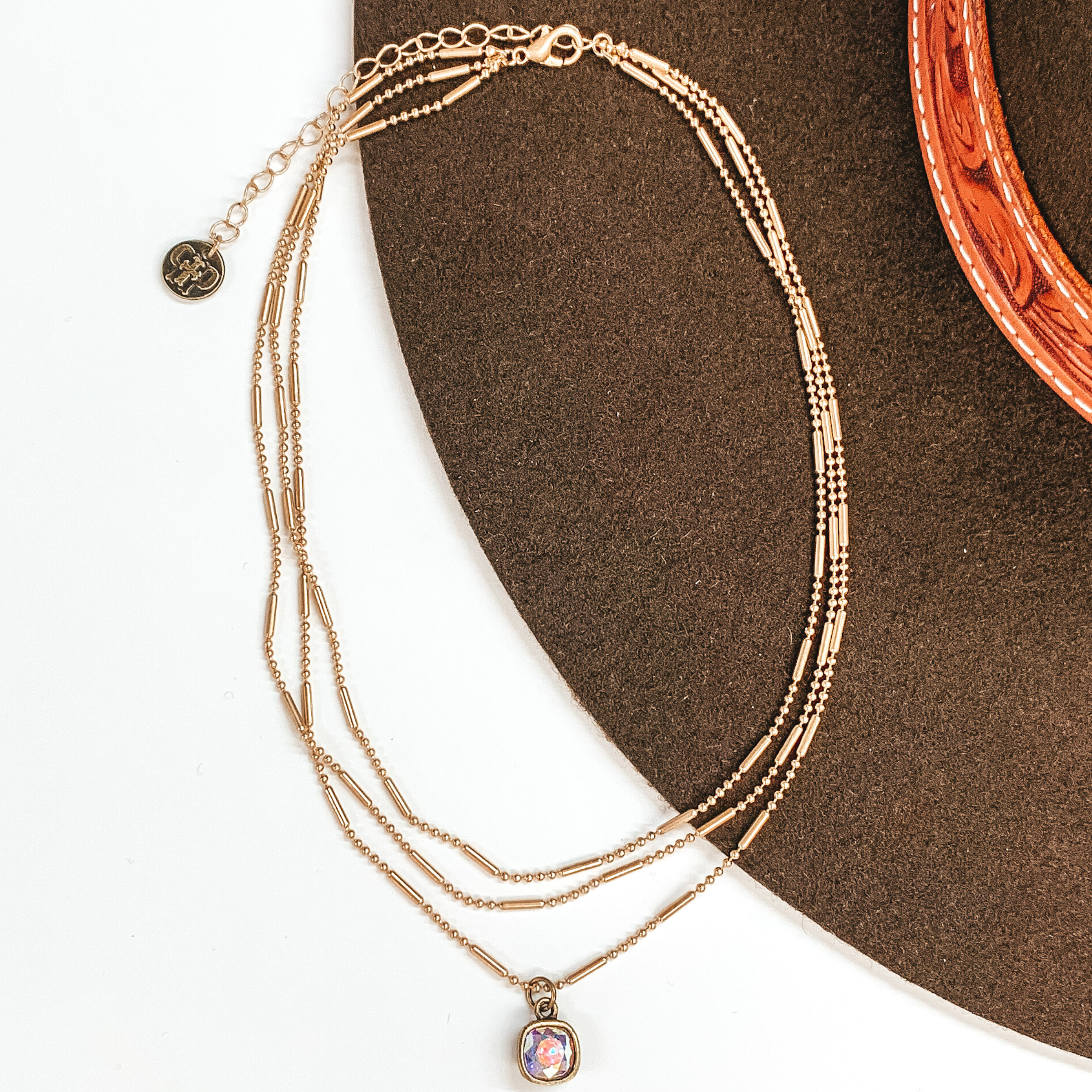 Pink Panache | Three Strand Gold Dot and Bar Chain Necklace with AB Cushion Cut Crystal Drop