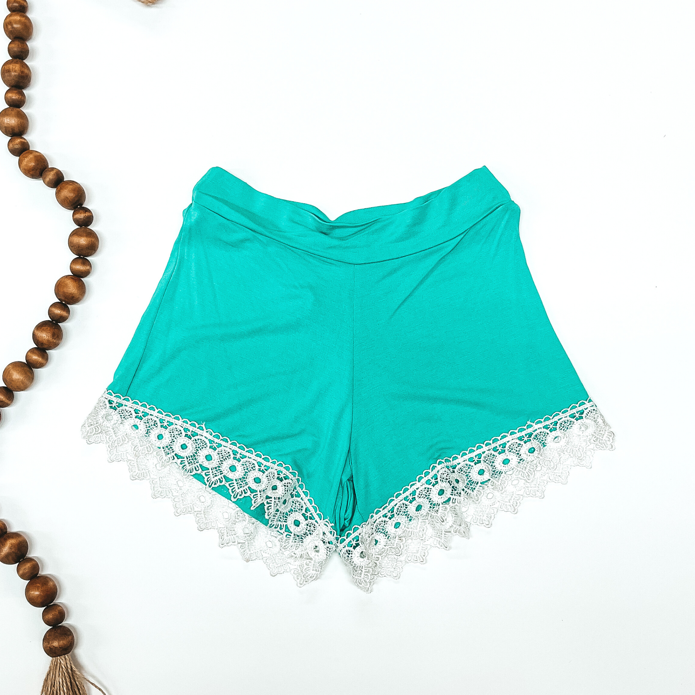 Turquoise Shorts with Lace Trim - Giddy Up Glamour Boutique