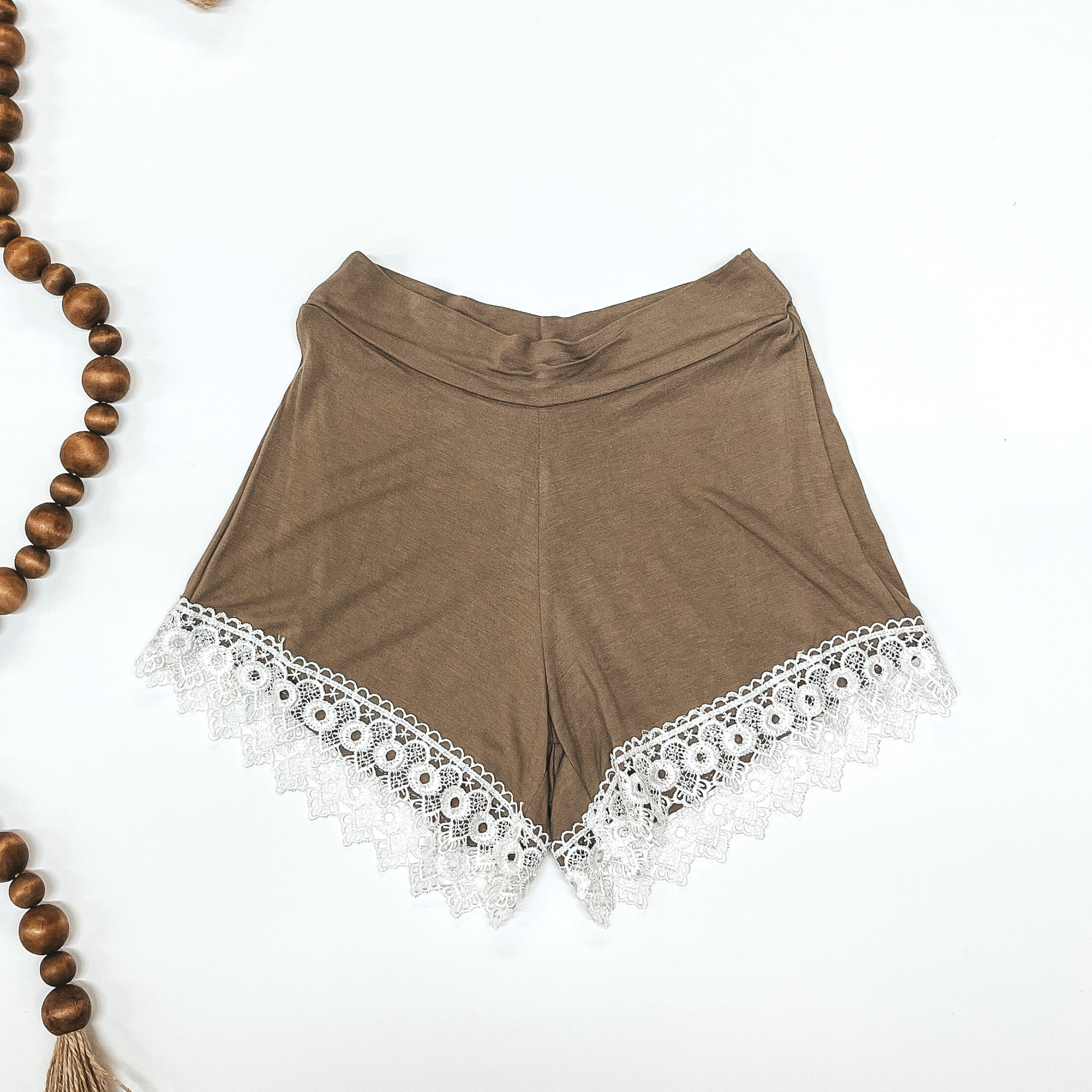 Brown Shorts with Lace Trim - Giddy Up Glamour Boutique