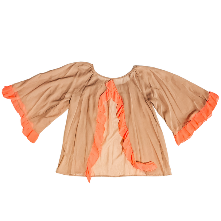 Sheer Open Back Blouse with Orange Ruffle Hemlines in Tan - Giddy Up Glamour Boutique