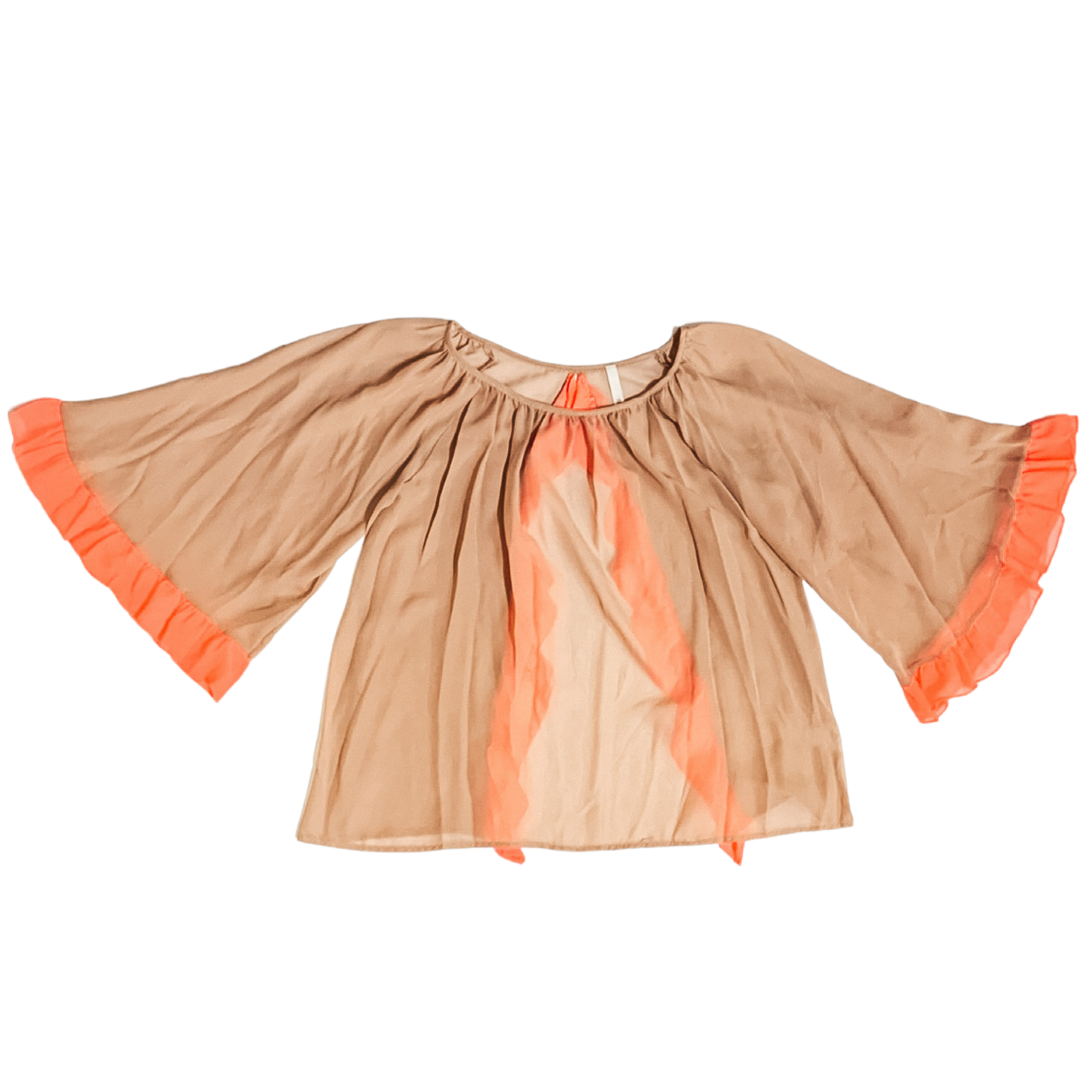 Sheer Open Back Blouse with Orange Ruffle Hemlines in Tan - Giddy Up Glamour Boutique