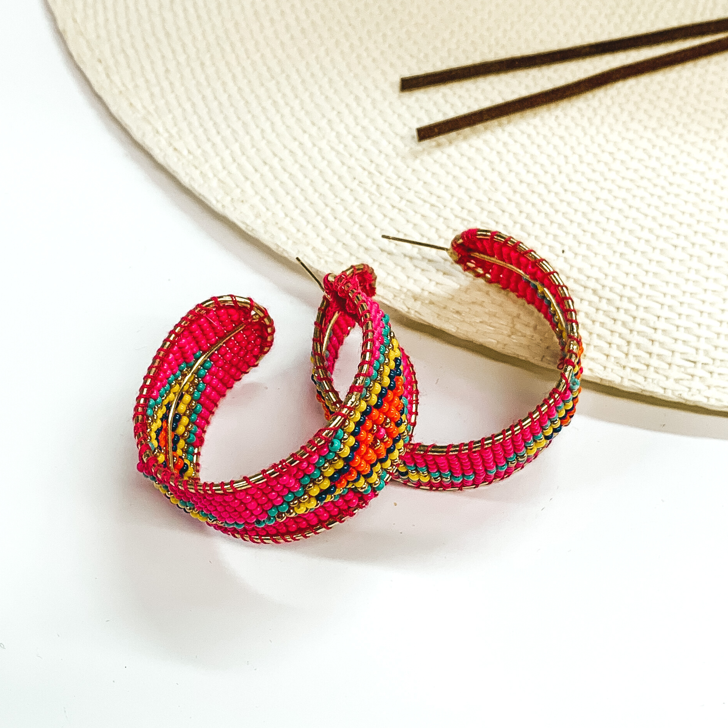 Aztec Pattern Beaded Hoop Earrings in Hot Pink - Giddy Up Glamour Boutique