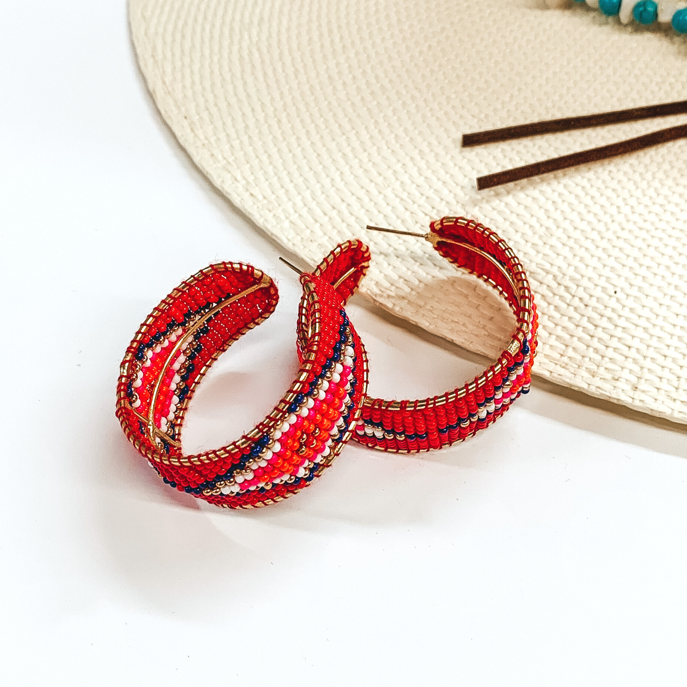 Aztec Pattern Beaded Hoop Earrings in Red - Giddy Up Glamour Boutique