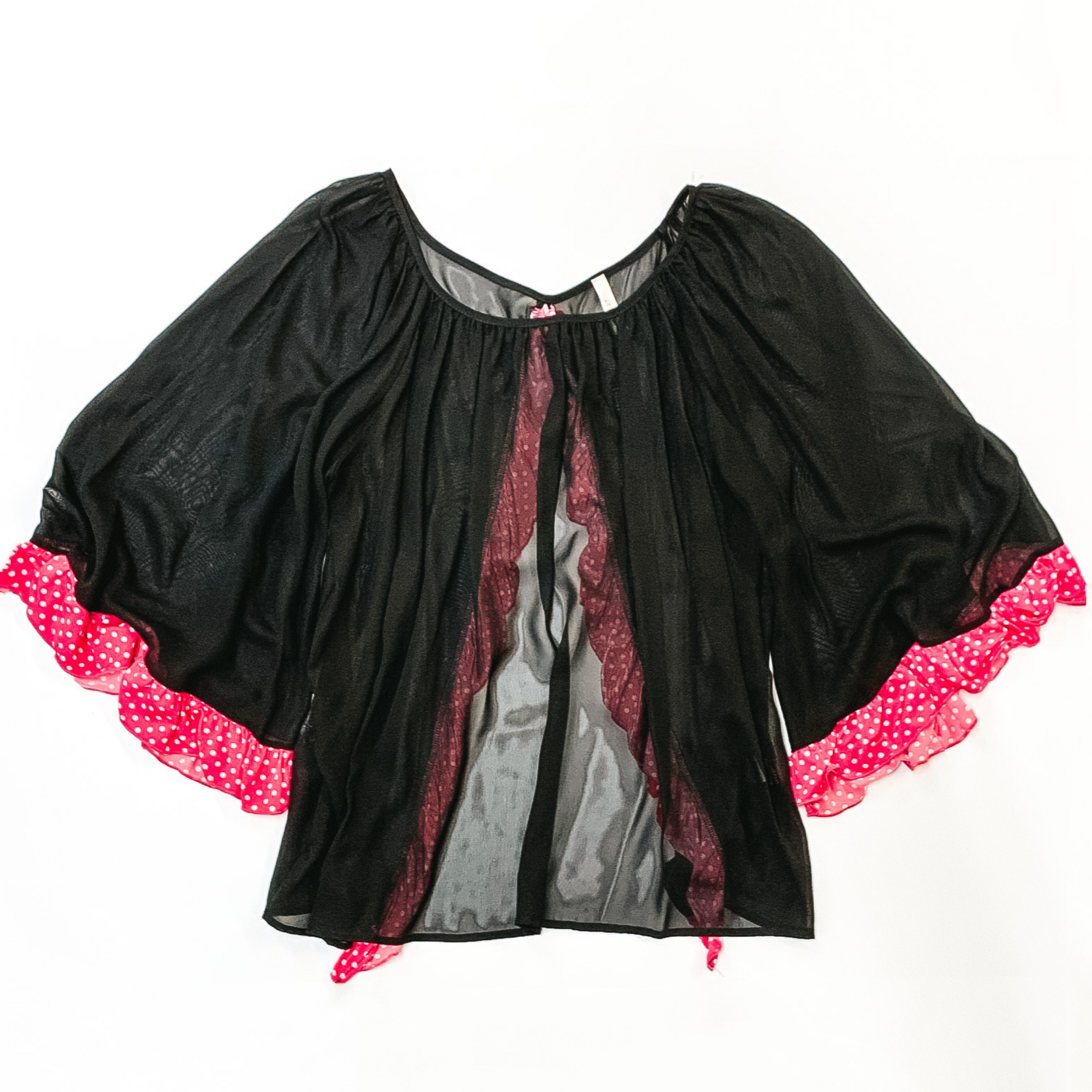 Last Chance Size 3XL | Sheer Open Back Blouse with Pink Dotted Ruffle Hemlines in Black - Giddy Up Glamour Boutique