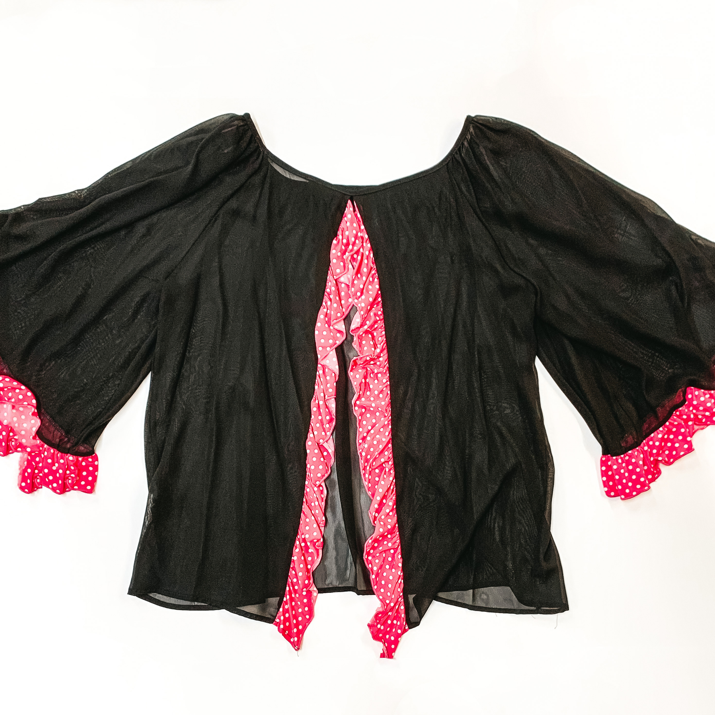 Last Chance Size 3XL | Sheer Open Back Blouse with Pink Dotted Ruffle Hemlines in Black - Giddy Up Glamour Boutique