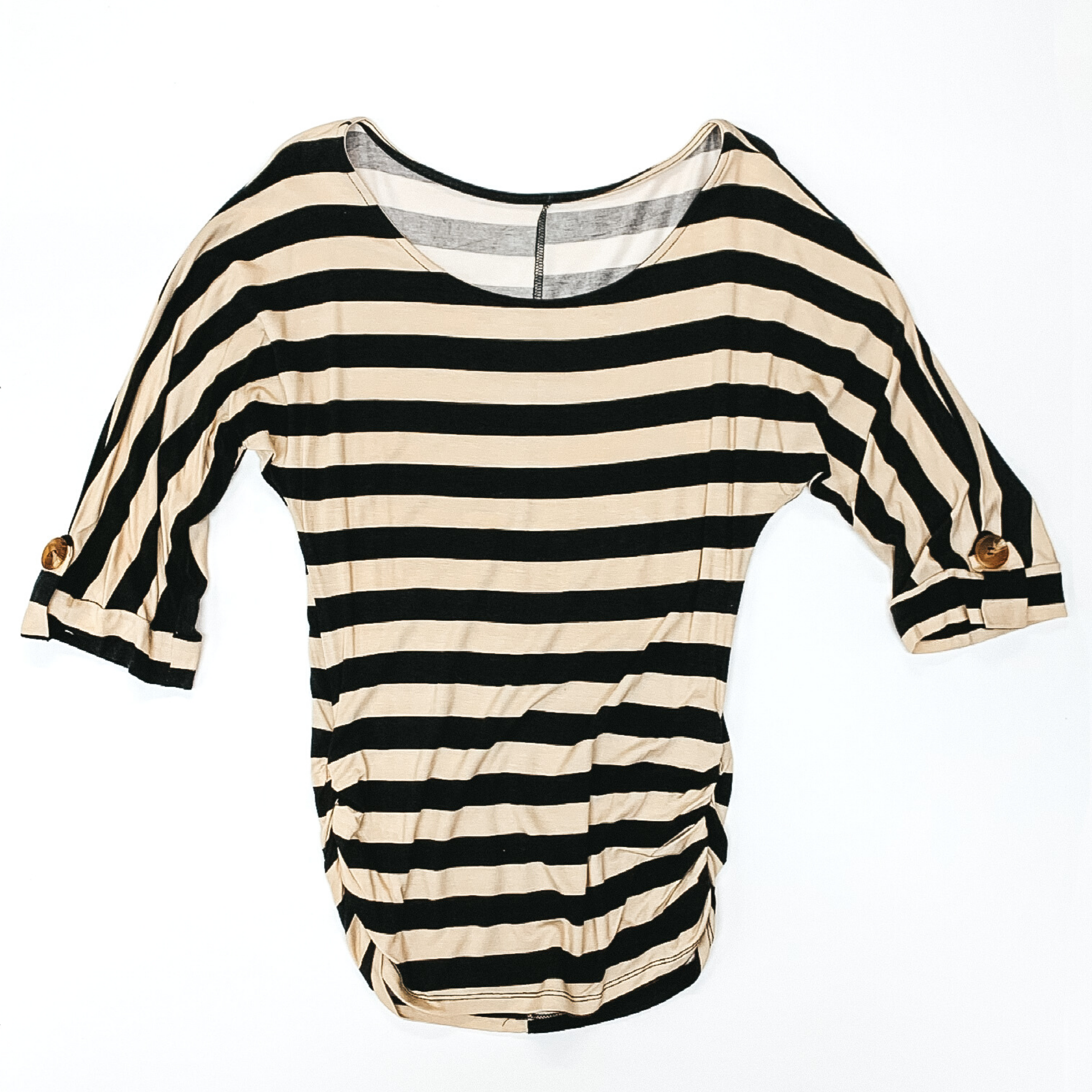 Striped 3/4 Sleeve Top with Ruched Sides in Tan and Black - Giddy Up Glamour Boutique