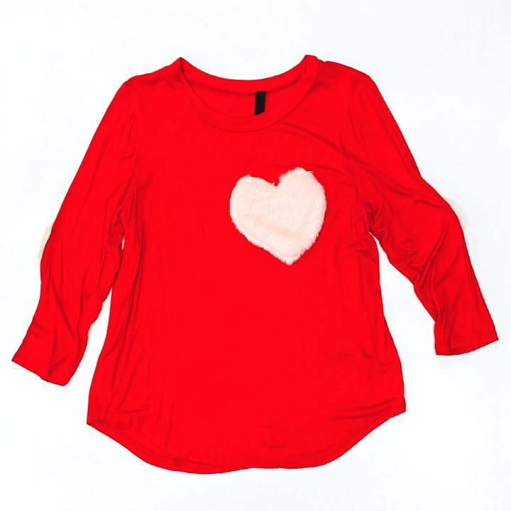Red 3/4 Sleeve Top with White Furry Hearts - Giddy Up Glamour Boutique