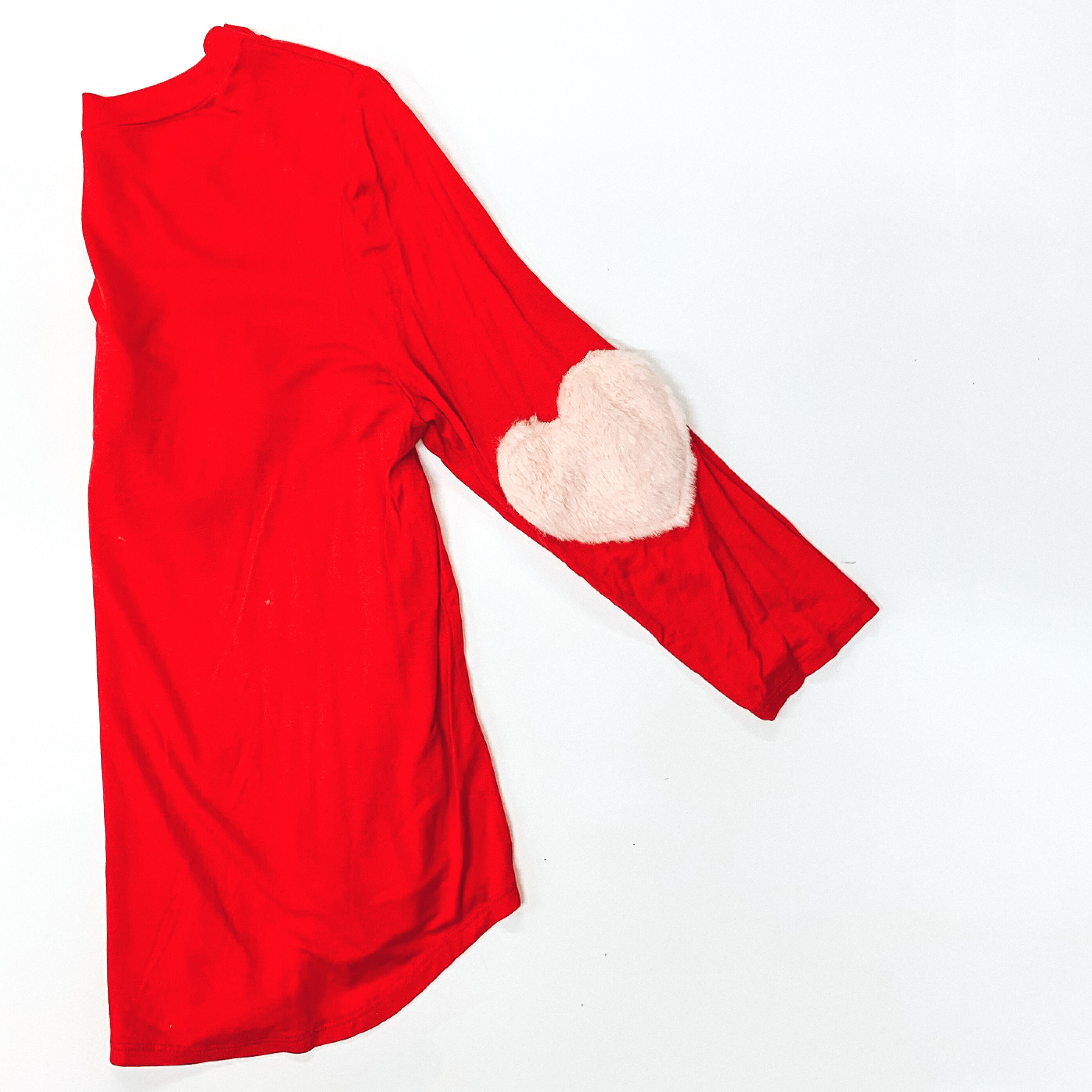Red 3/4 Sleeve Top with White Furry Hearts - Giddy Up Glamour Boutique