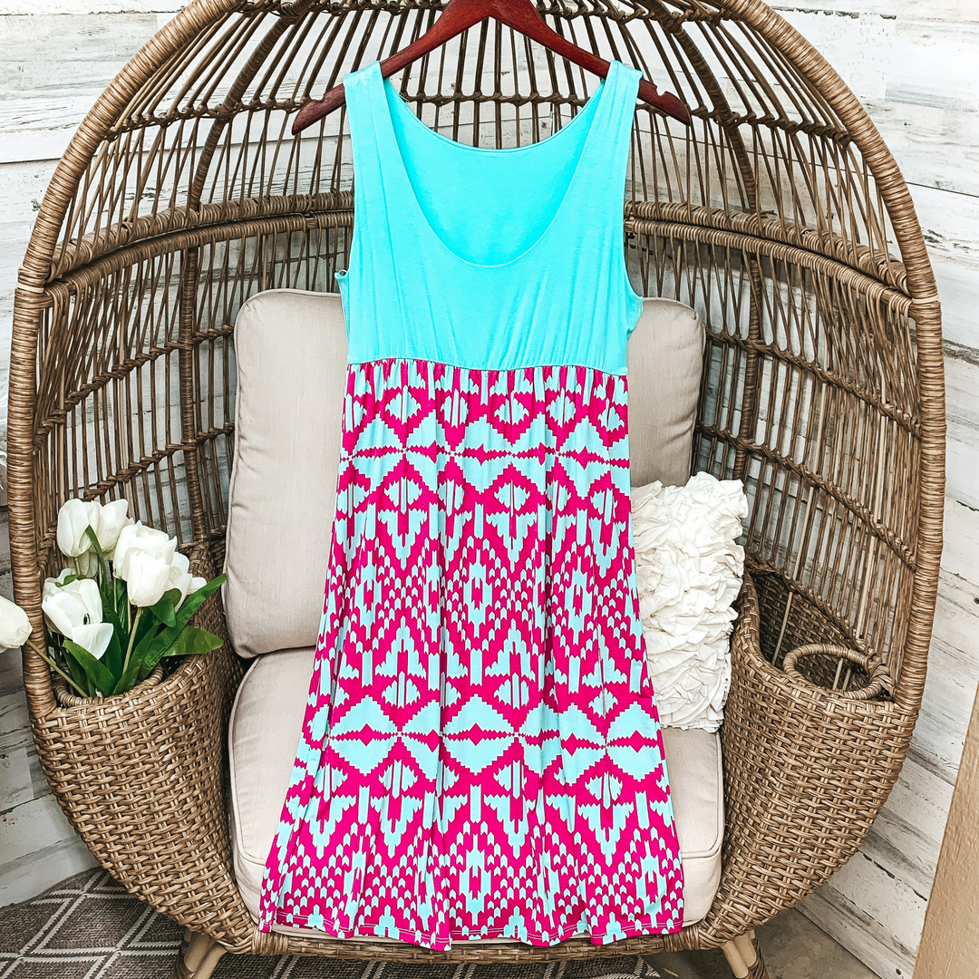 Aqua Tank Top Mid Length Dress with Fuchsia Aztec Pattern - Giddy Up Glamour Boutique