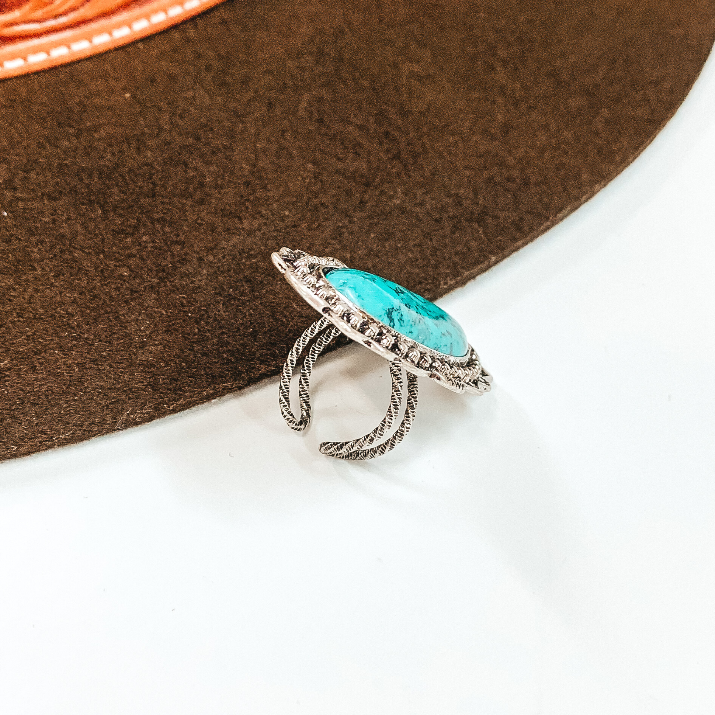 Oval Stone with Silver Tone Detailing Cuff Ring in Turquoise - Giddy Up Glamour Boutique
