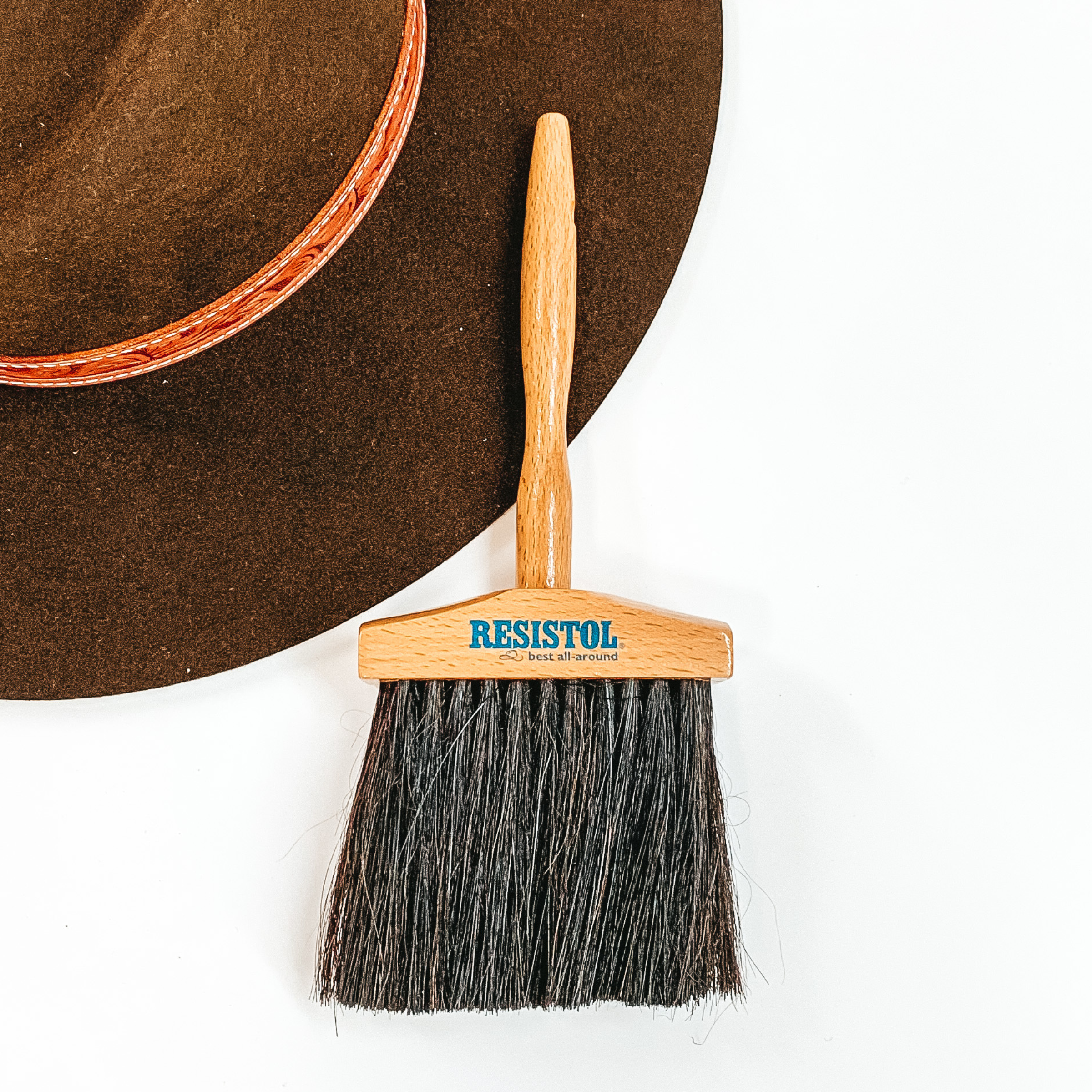 Wide, brown bristle brush with a wooden handle, This brush is pictured partially laying on a brown hat on a white background. 