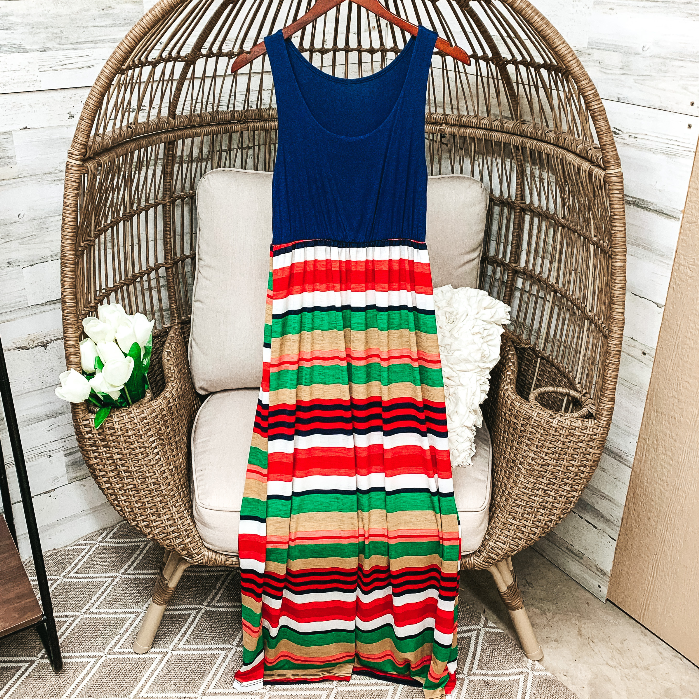 Navy Blue Tank Maxi Dress in Multicolor Stripe Pattern - Giddy Up Glamour Boutique
