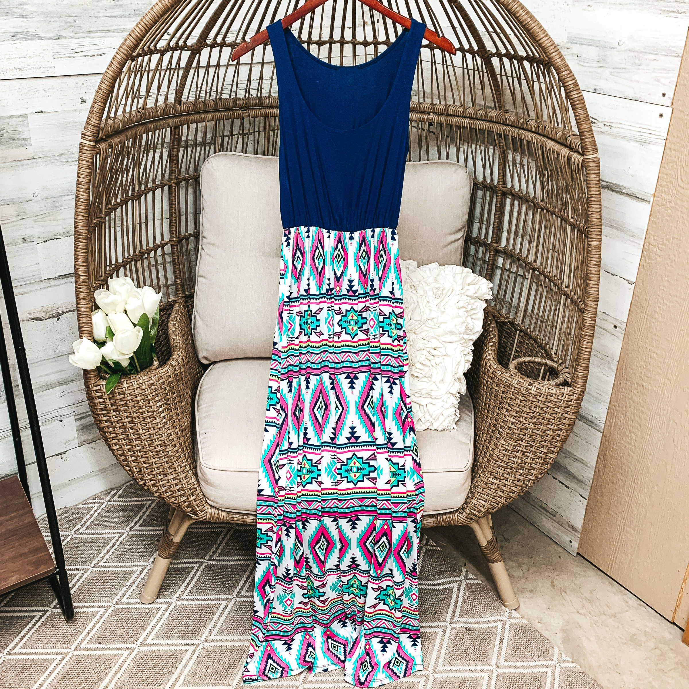 Navy Blue Tank Maxi Dress with Aztec Print | ONLY 1 LEFT! - Giddy Up Glamour Boutique