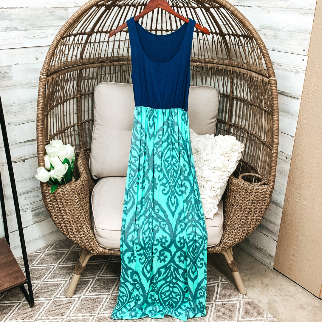 Last Chance Size Small & Med. | Navy Blue Tank Maxi Dress with Mint and Grey Damask Pattern - Giddy Up Glamour Boutique