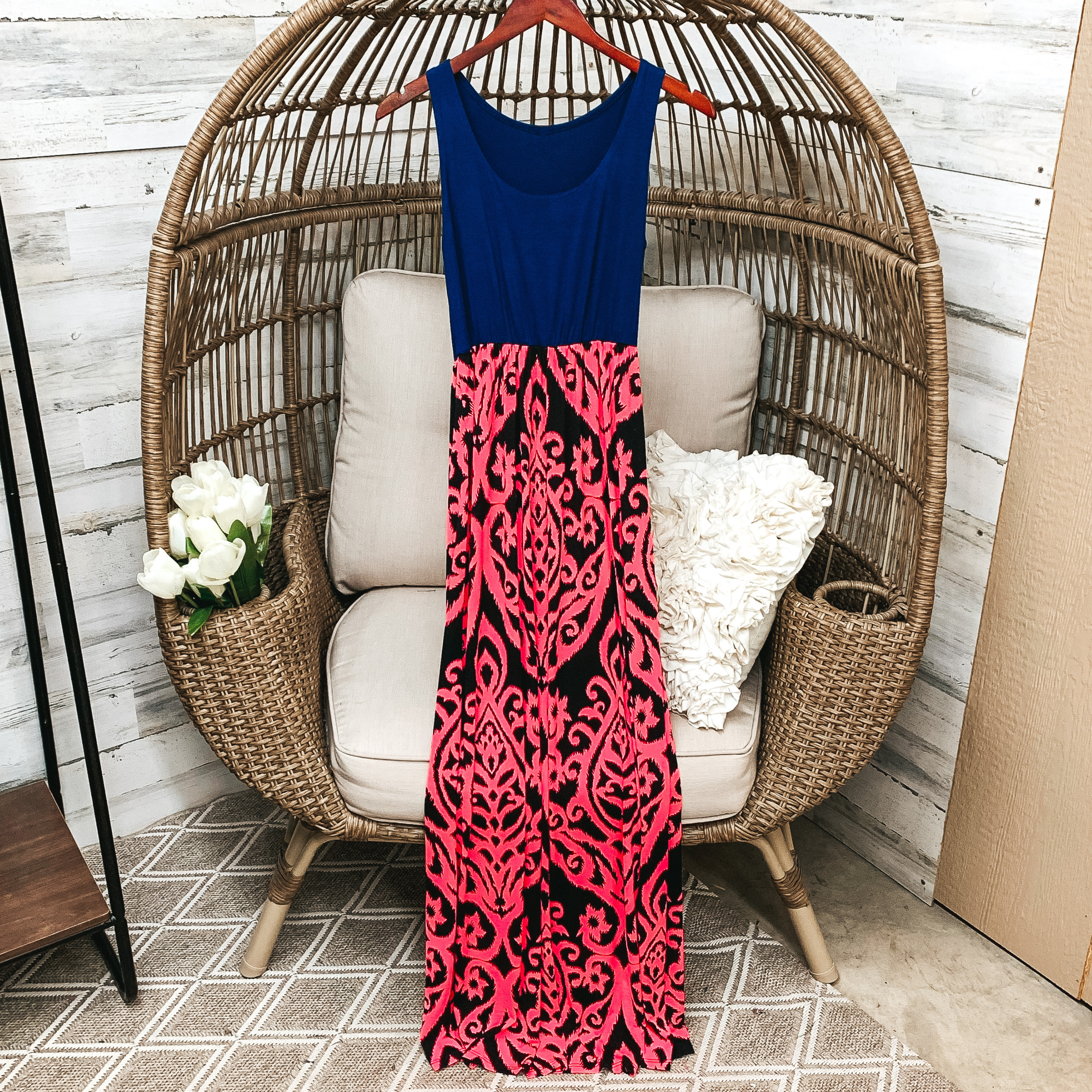 Last Chance Size S & M | Navy Blue Tank Maxi Dress with Hot Pink and Black Damask Pattern - Giddy Up Glamour Boutique