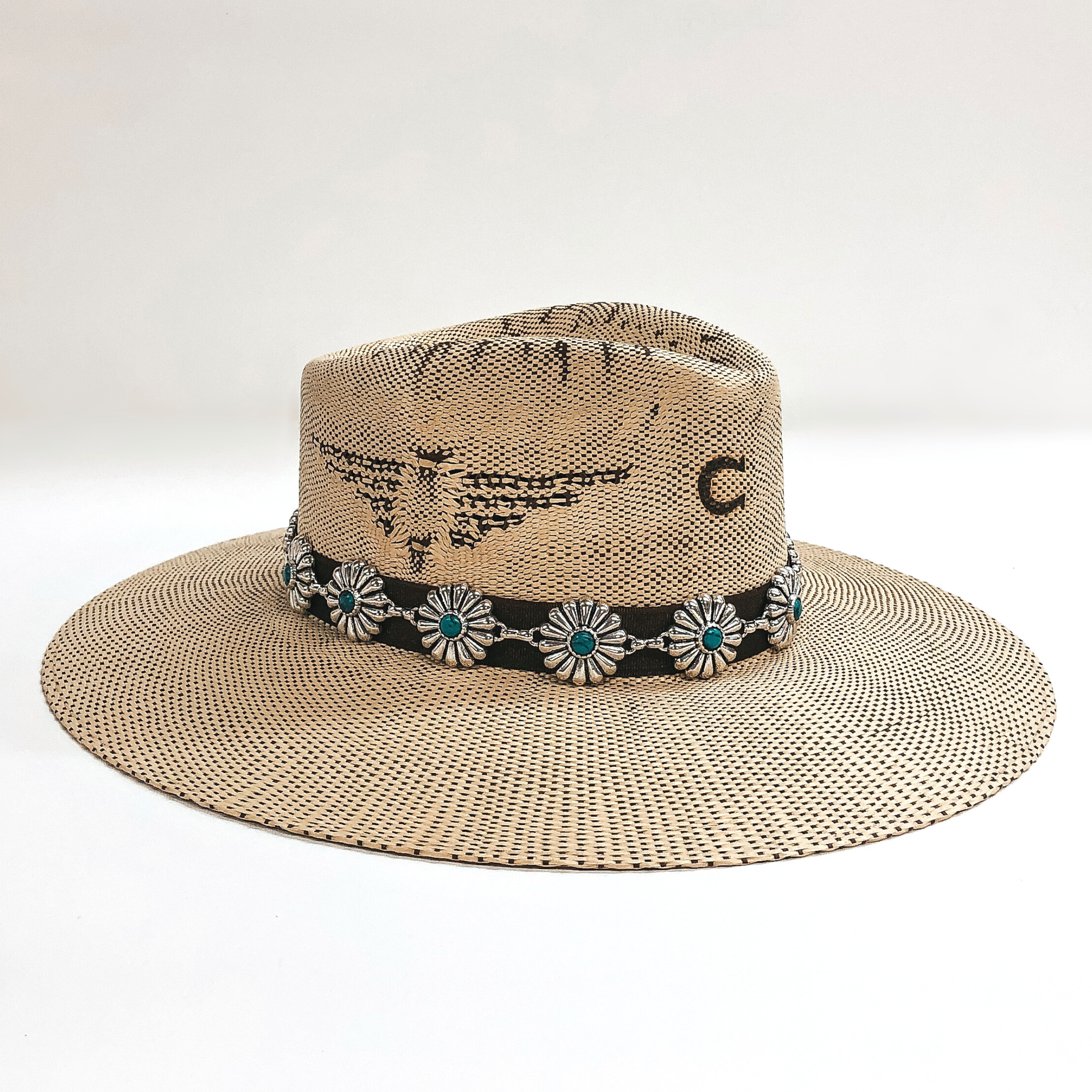Silver Tone Circle Concho Hat Band with Faux Turquoise Stones - Giddy Up Glamour Boutique