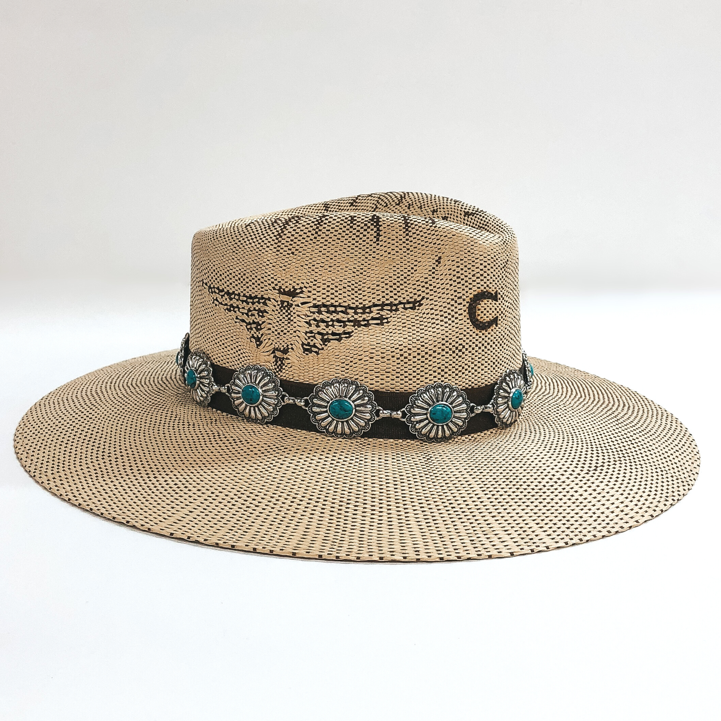 Silver Tone Oval Concho Hat Band with Large Faux Turquoise Stones - Giddy Up Glamour Boutique