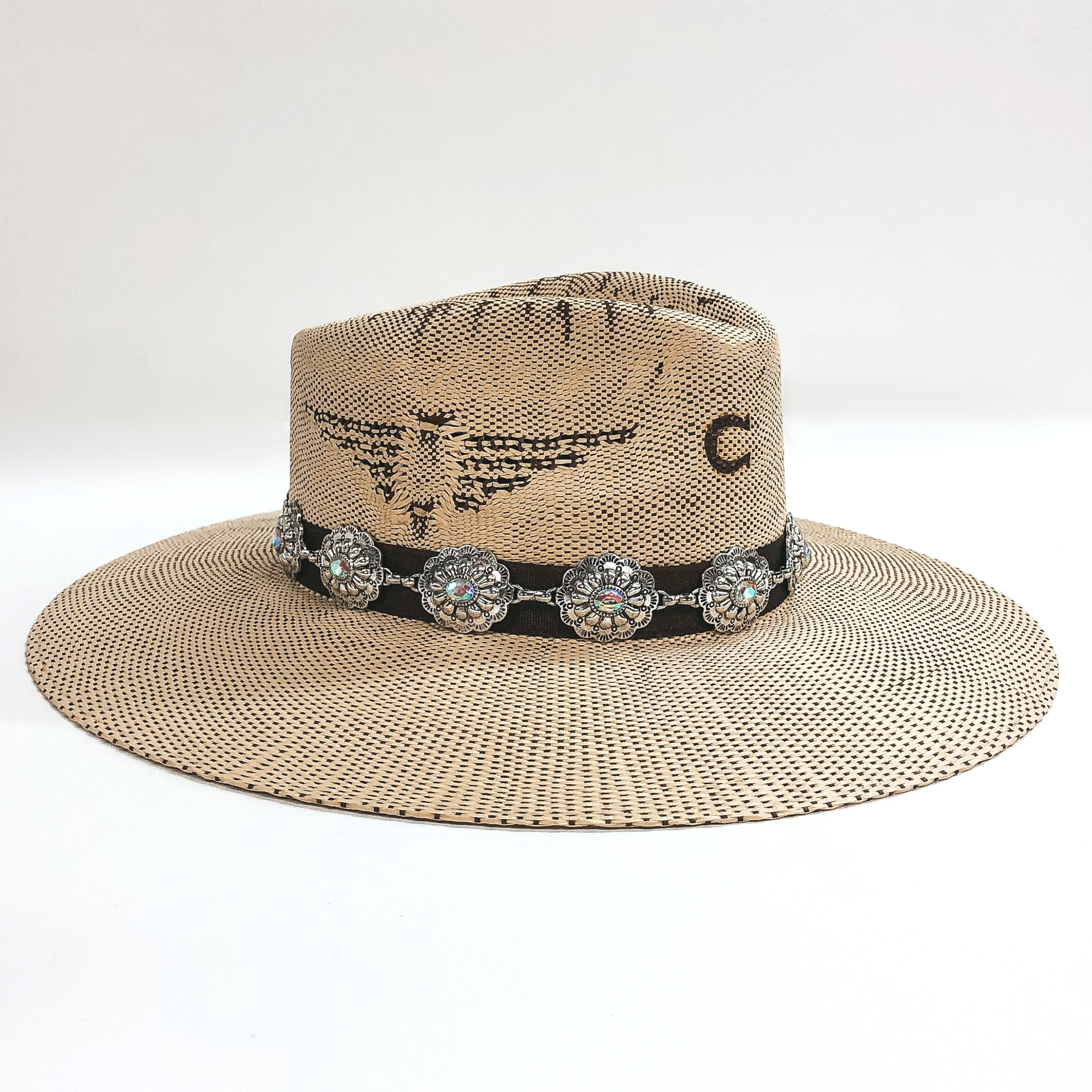 Large Silver Tone Circle Concho Hat Band with AB Crystals - Giddy Up Glamour Boutique