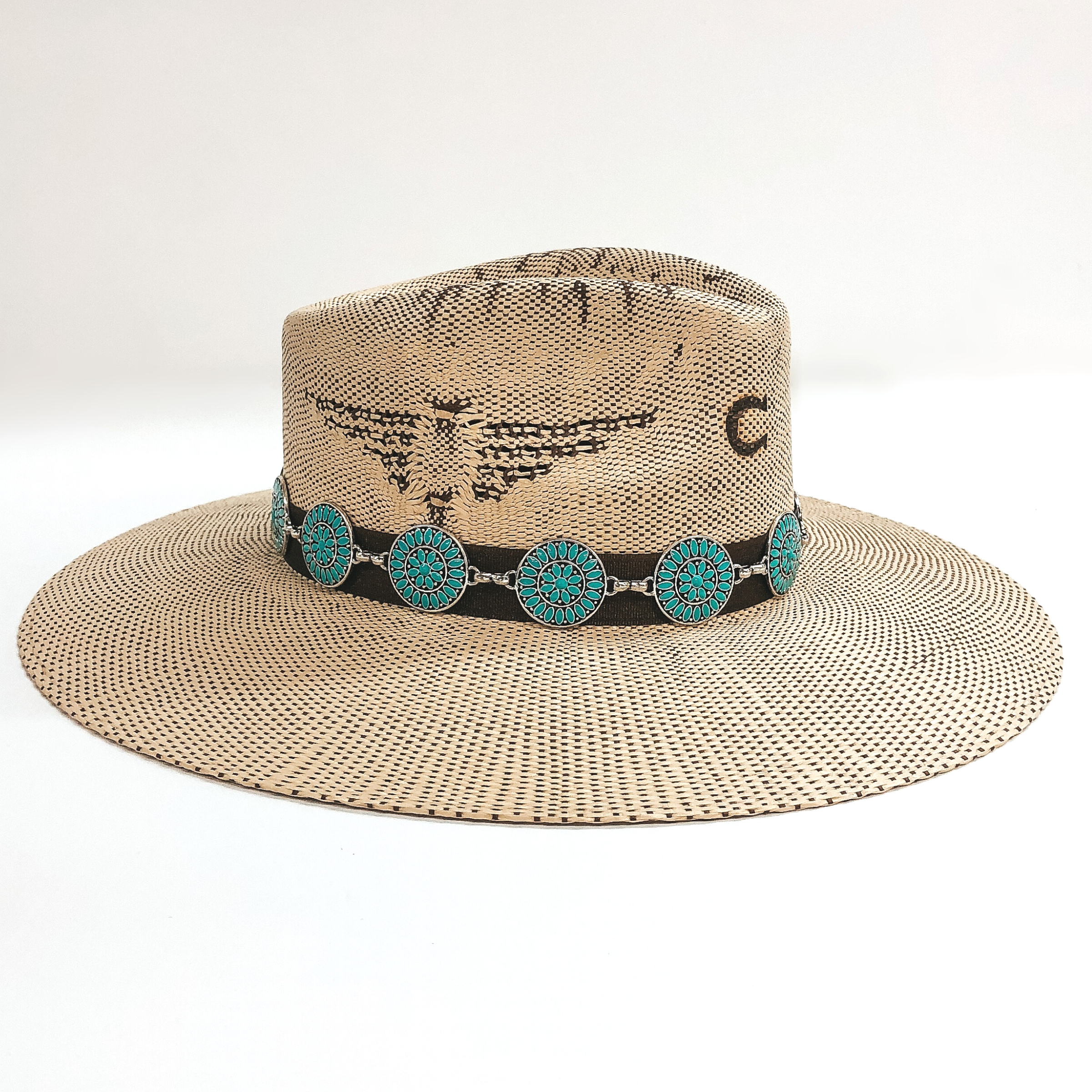 Circle Concho Hat Band with Faux Turquoise Stones - Giddy Up Glamour Boutique