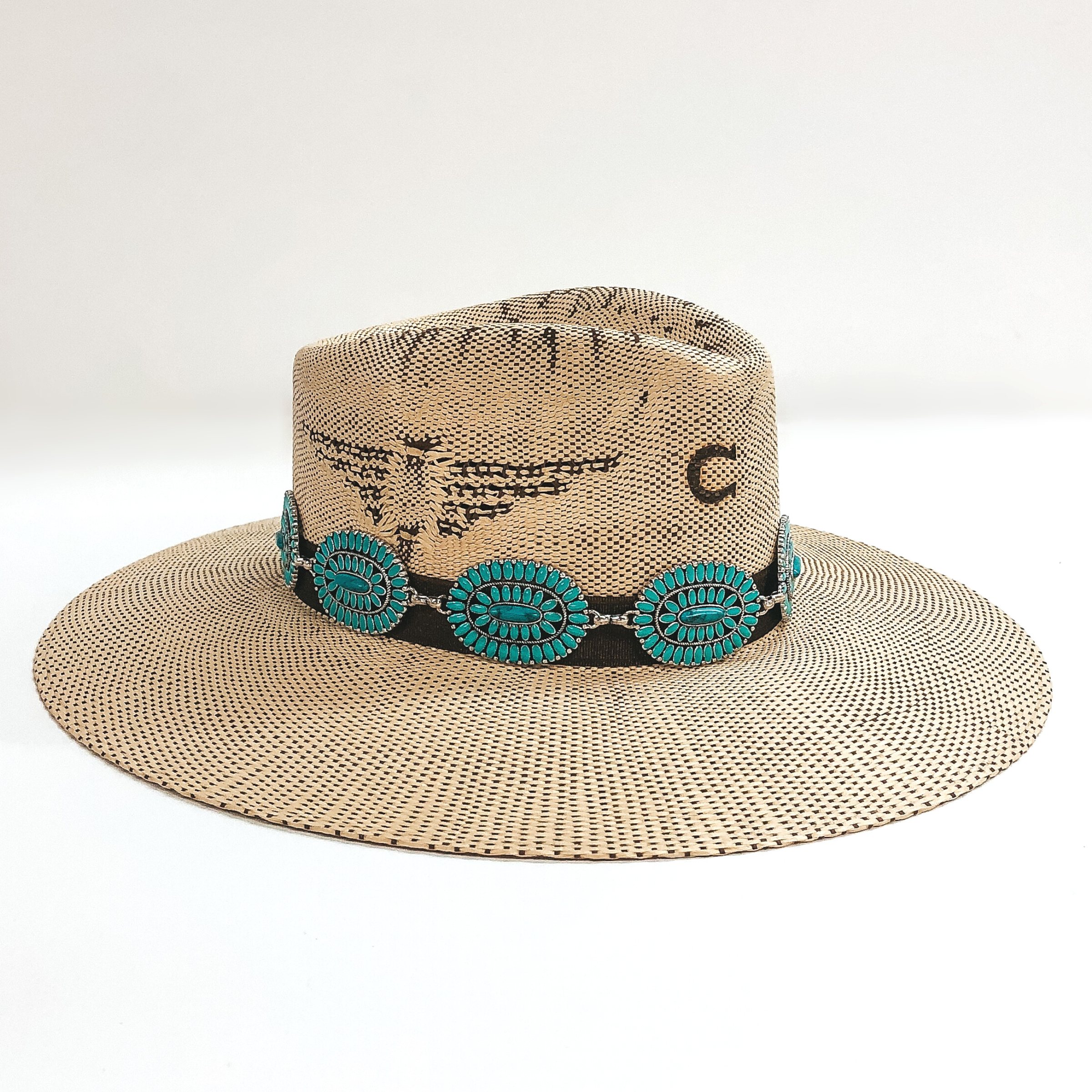 Oval Concho Hat Band with Faux Turquoise Stones - Giddy Up Glamour Boutique