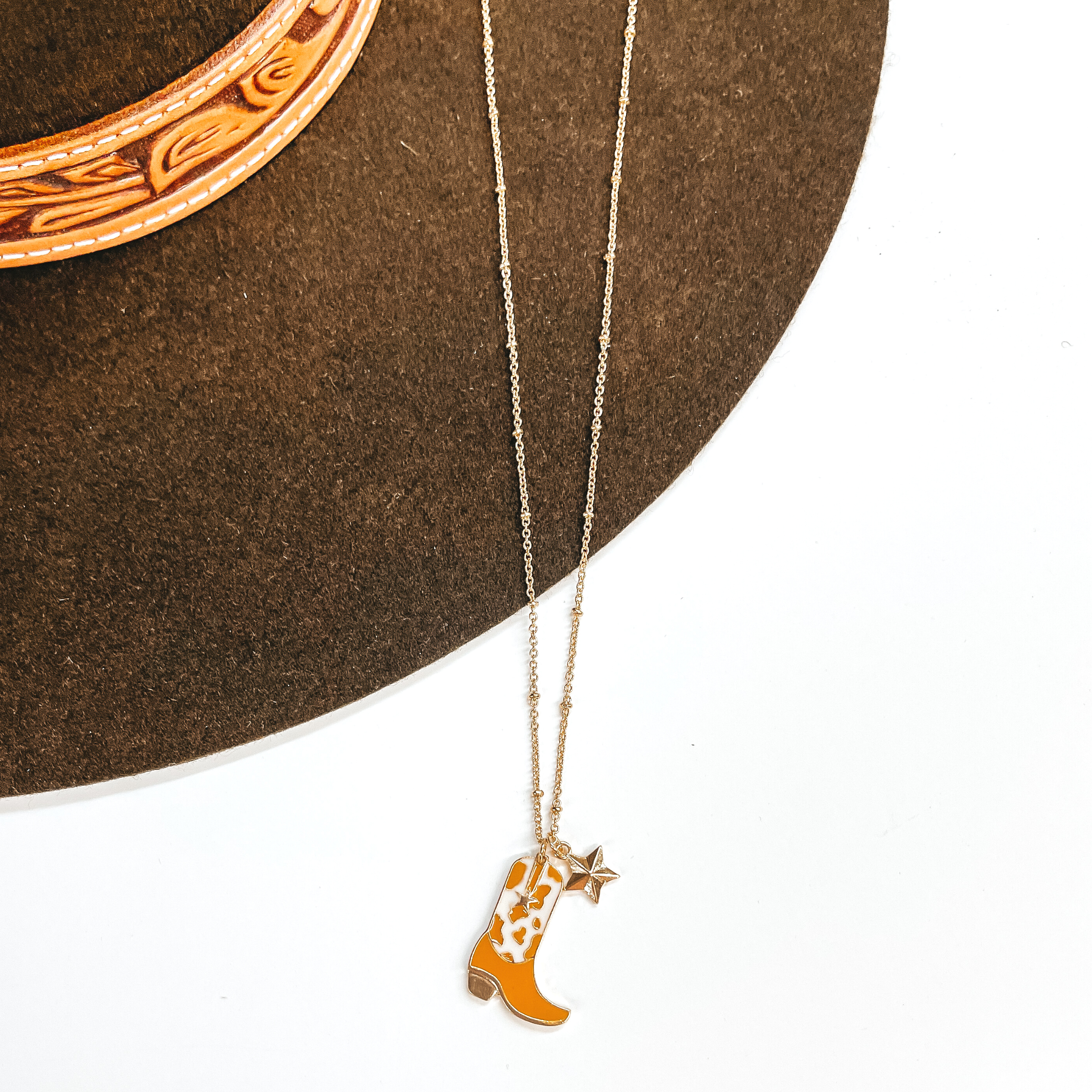 Kick Your Boots Up Gold Necklace with Cow Print Boot Pendant in Ivory and Tan - Giddy Up Glamour Boutique