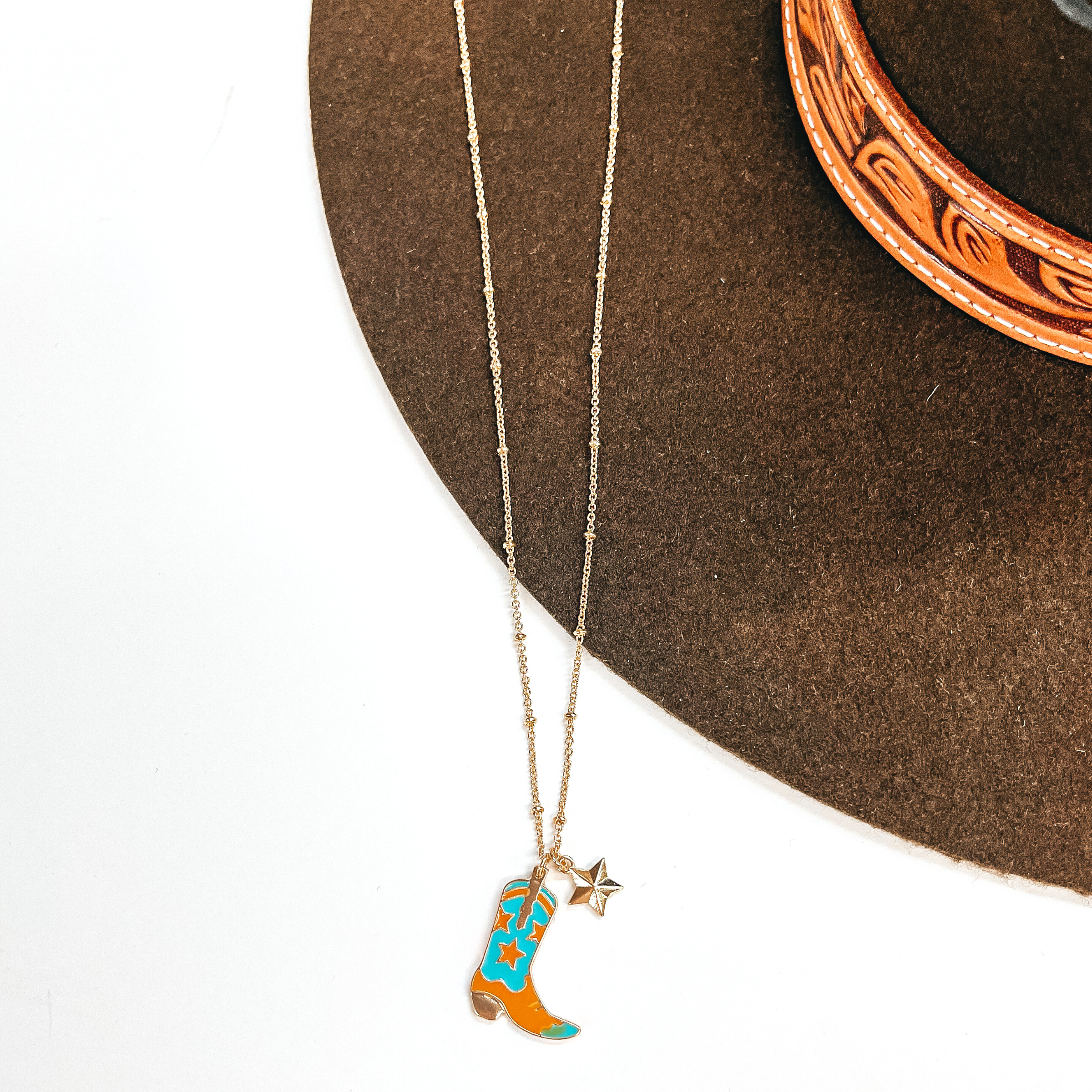 Gold Necklace with Star Boot Pendant in Turquoise and Tan - Giddy Up Glamour Boutique