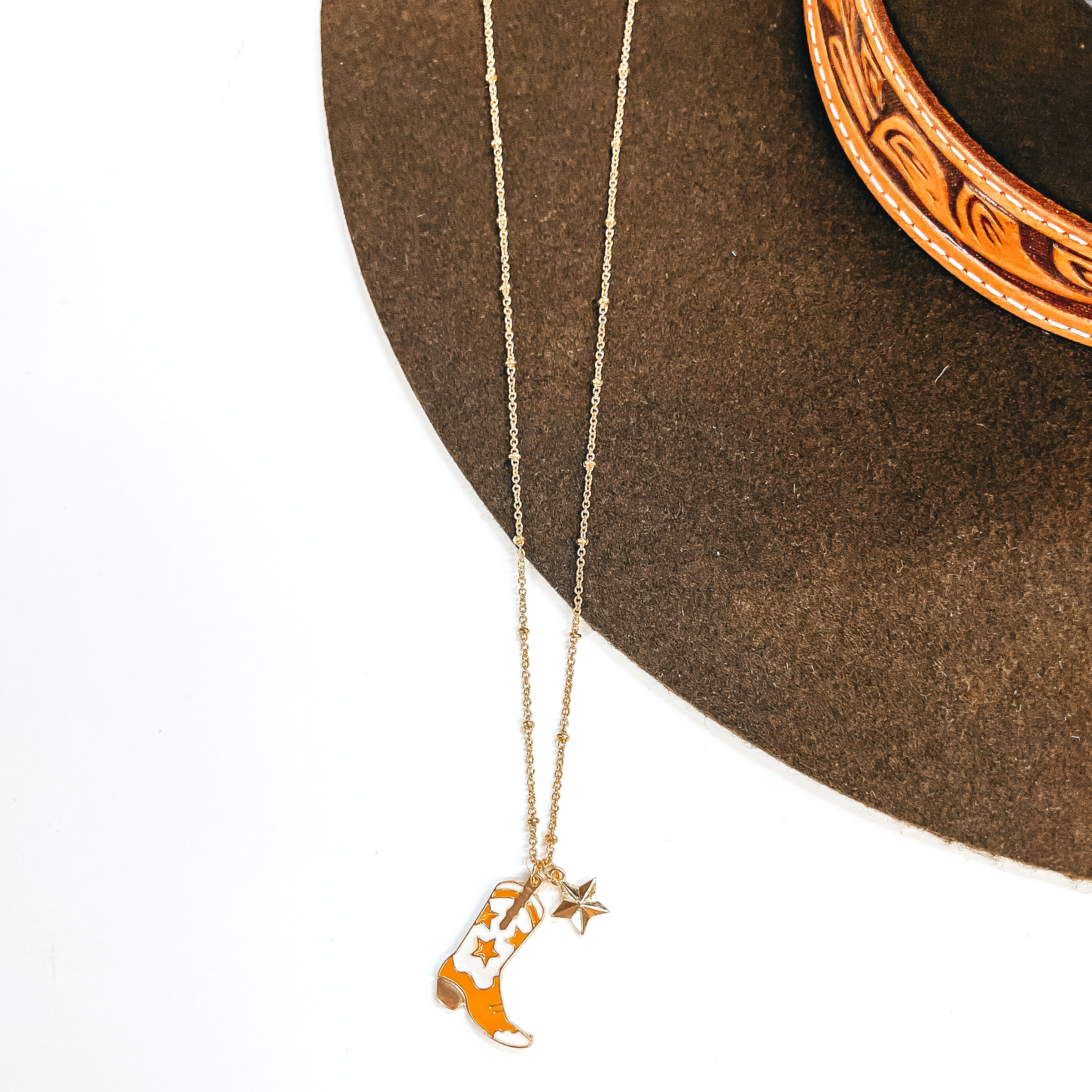 Gold Necklace with Star Boot Pendant in Ivory and Tan - Giddy Up Glamour Boutique