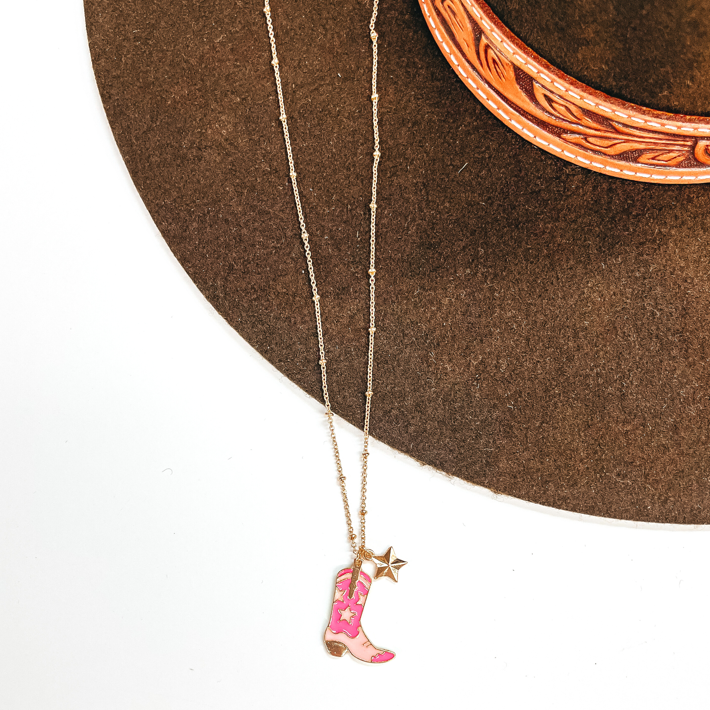 Gold Necklace with Star Boot Pendant in White and Pink - Giddy Up Glamour Boutique