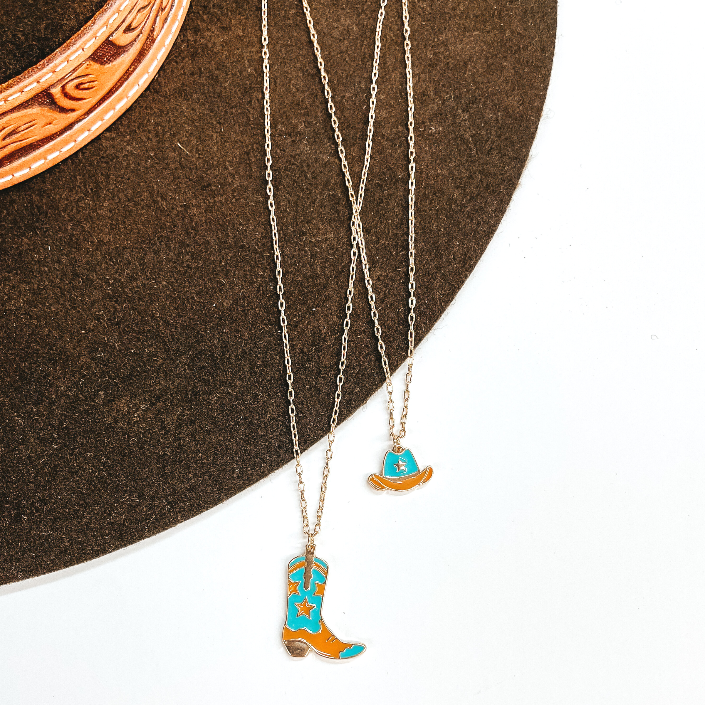 Double Layered Gold Necklace with Hat and Boot Pendant in Turquoise - Giddy Up Glamour Boutique