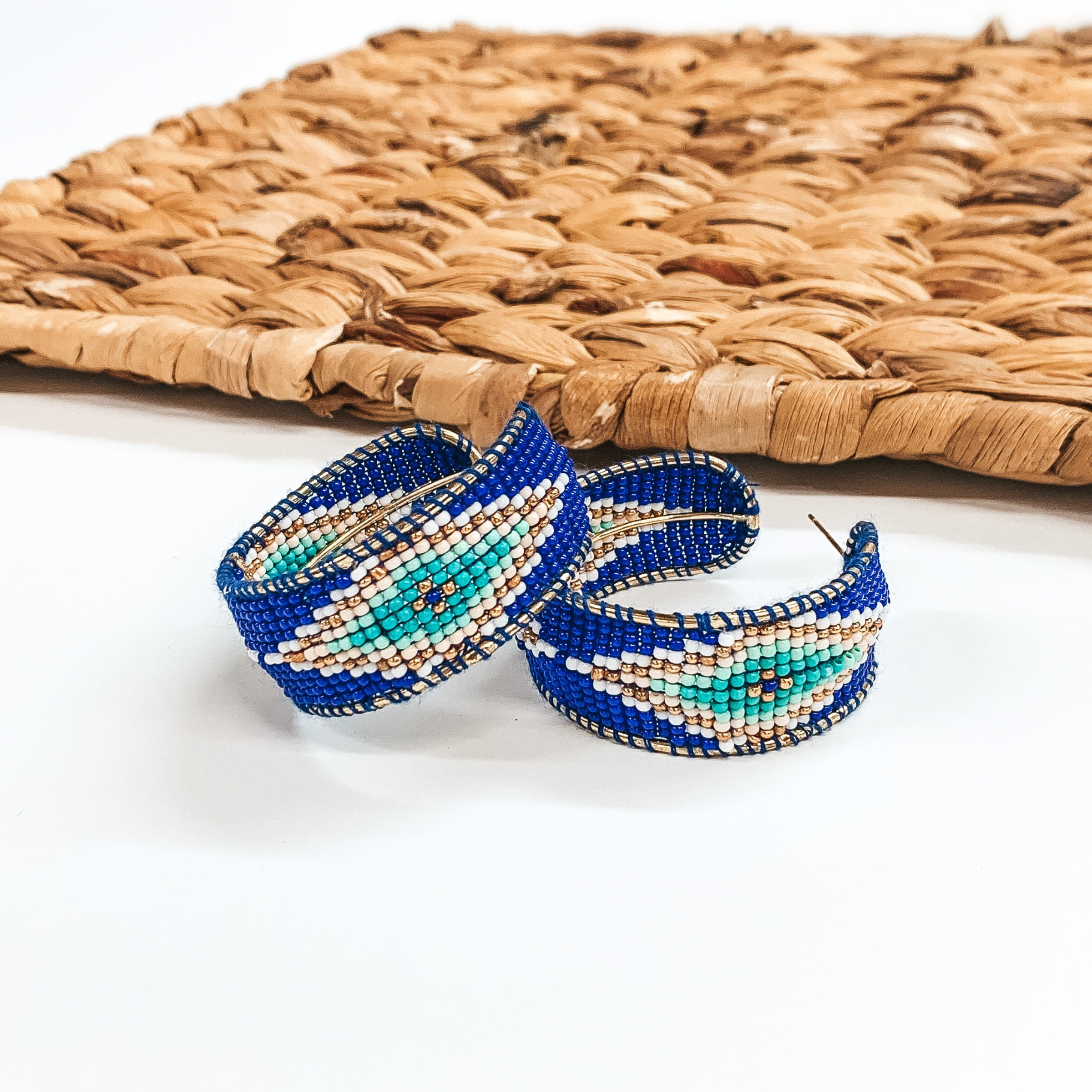 Aztec Pattern Beaded Hoop Earrings in Royal Blue - Giddy Up Glamour Boutique