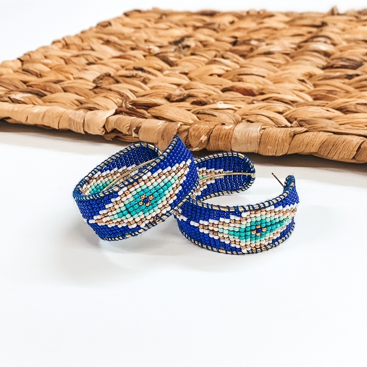 Aztec Pattern Beaded Hoop Earrings in Royal Blue - Giddy Up Glamour Boutique