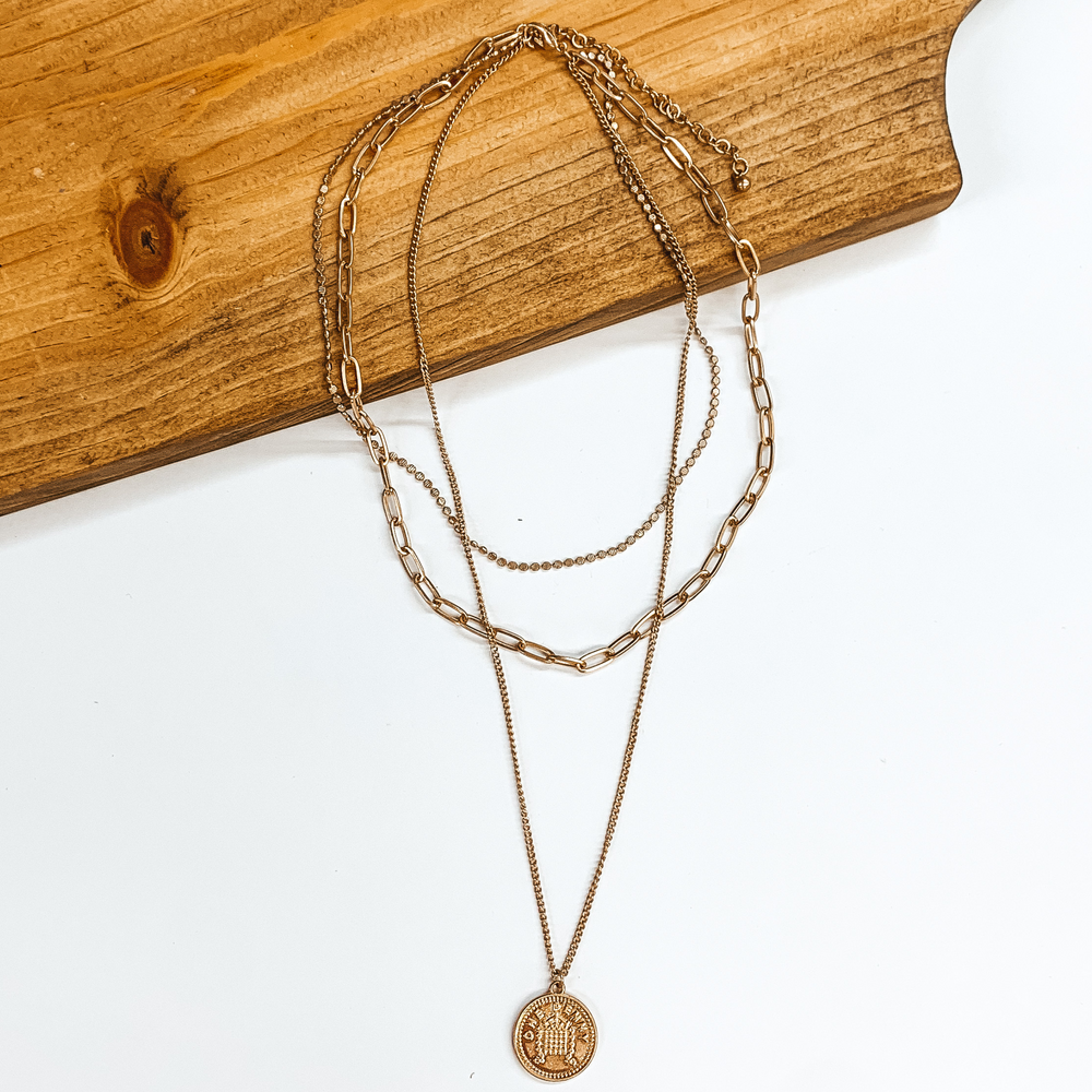 Three Strand Multi Chain Necklace Set with Double Sided Coin in Gold - Giddy Up Glamour Boutique