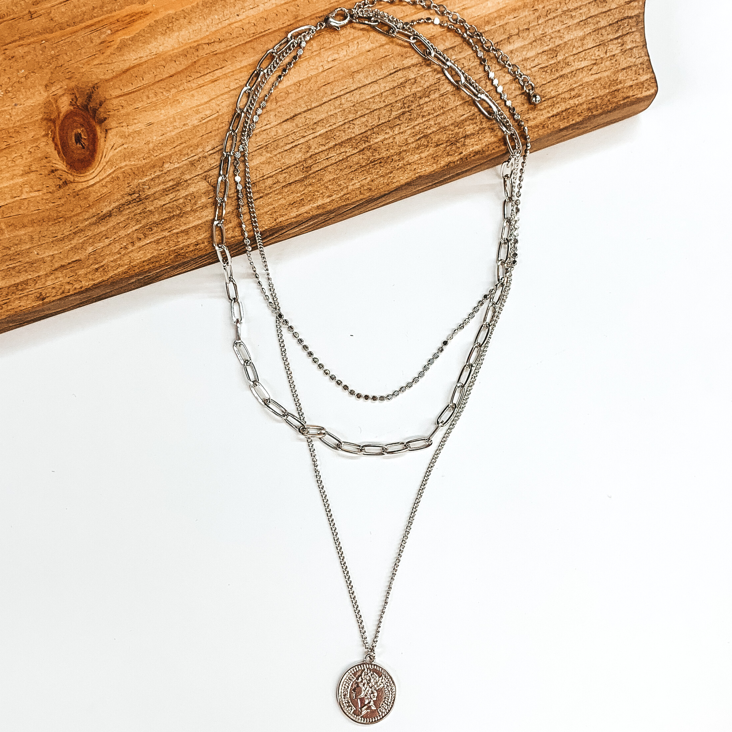 Three Strand Multi Chain Necklace Set with Double Sided Coin in Silver - Giddy Up Glamour Boutique