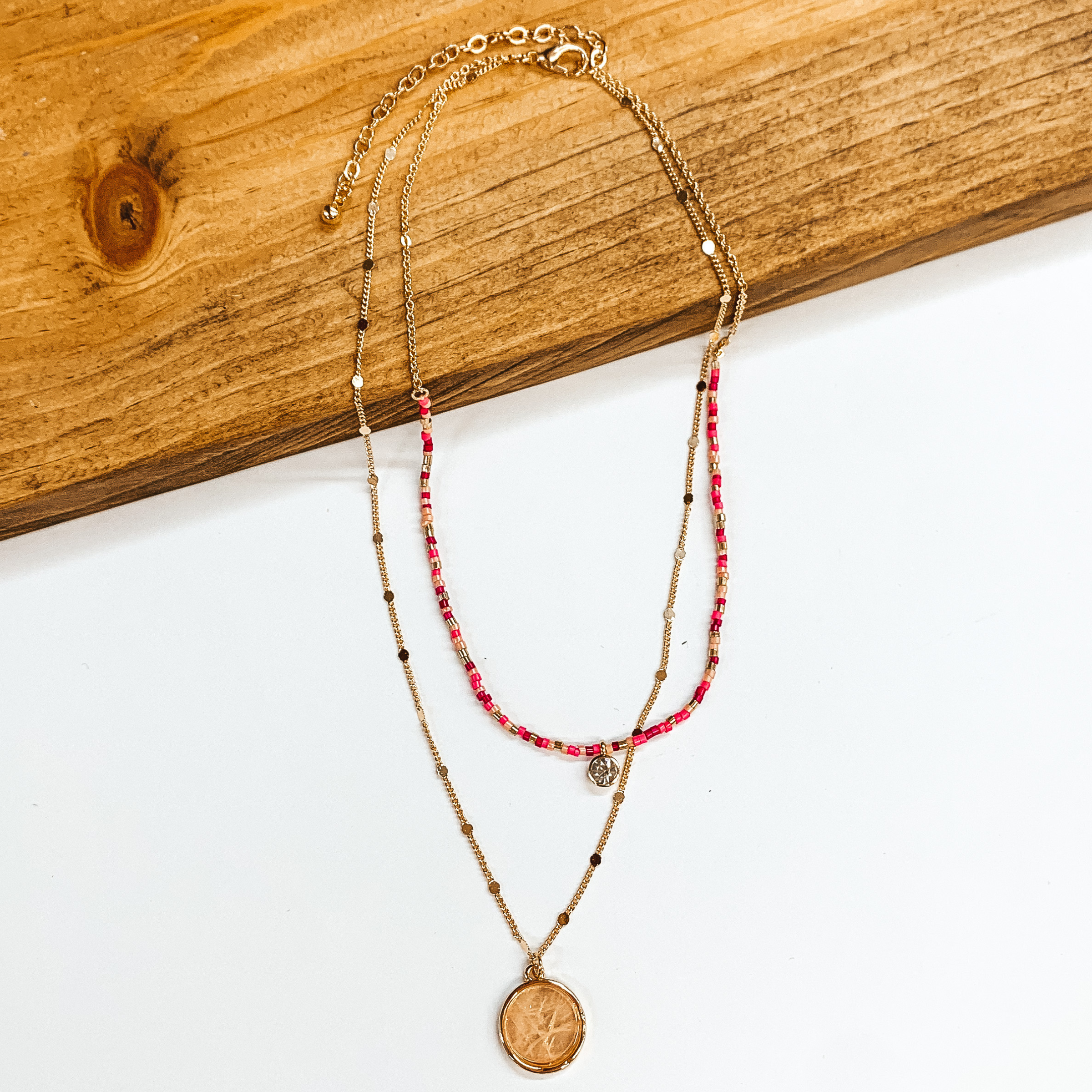 Thank Me Later Double Layered Gold Necklace with Pink Beads and Rose Quarts Pendant - Giddy Up Glamour Boutique