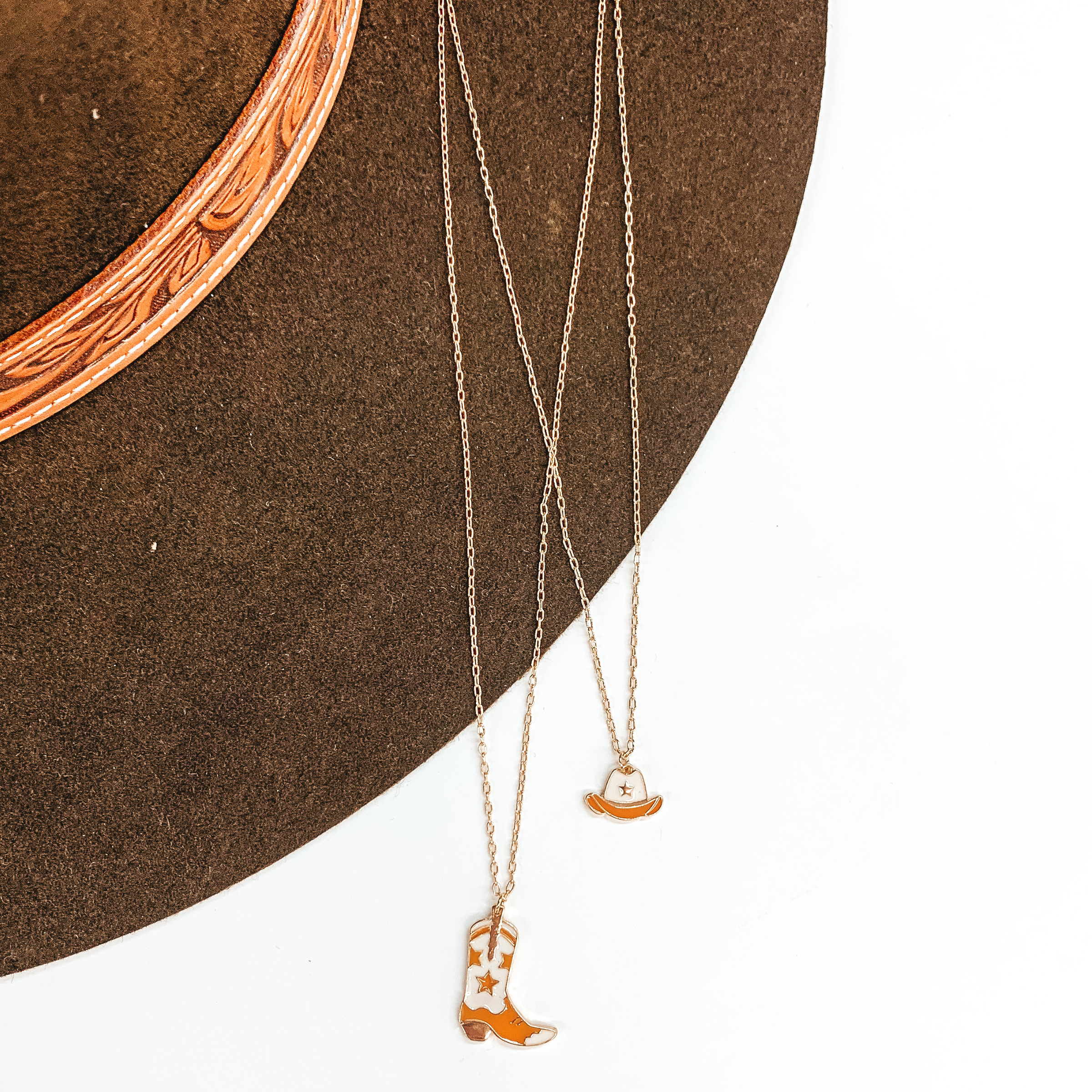 Double Layered Gold Necklace with Hat and Boot Pendant in Ivory - Giddy Up Glamour Boutique