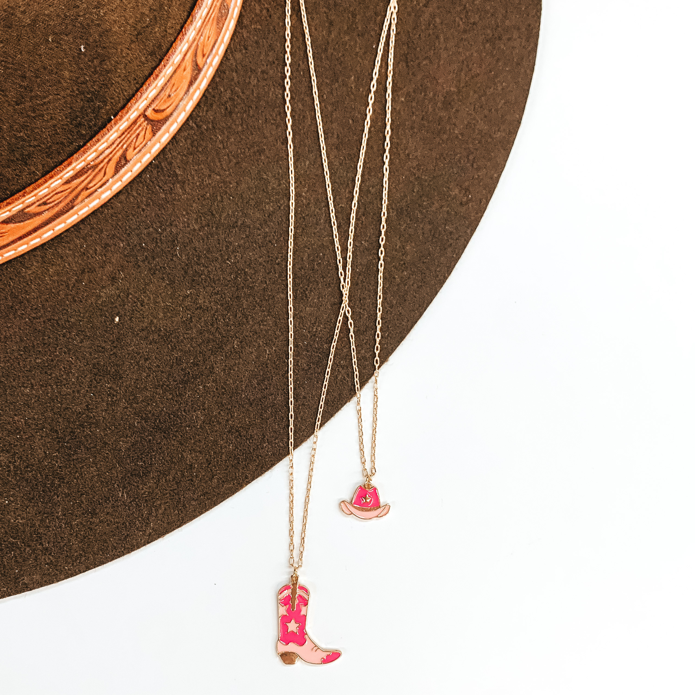 Double Layered Gold Necklace with Hat and Boot Pendant in Pink - Giddy Up Glamour Boutique