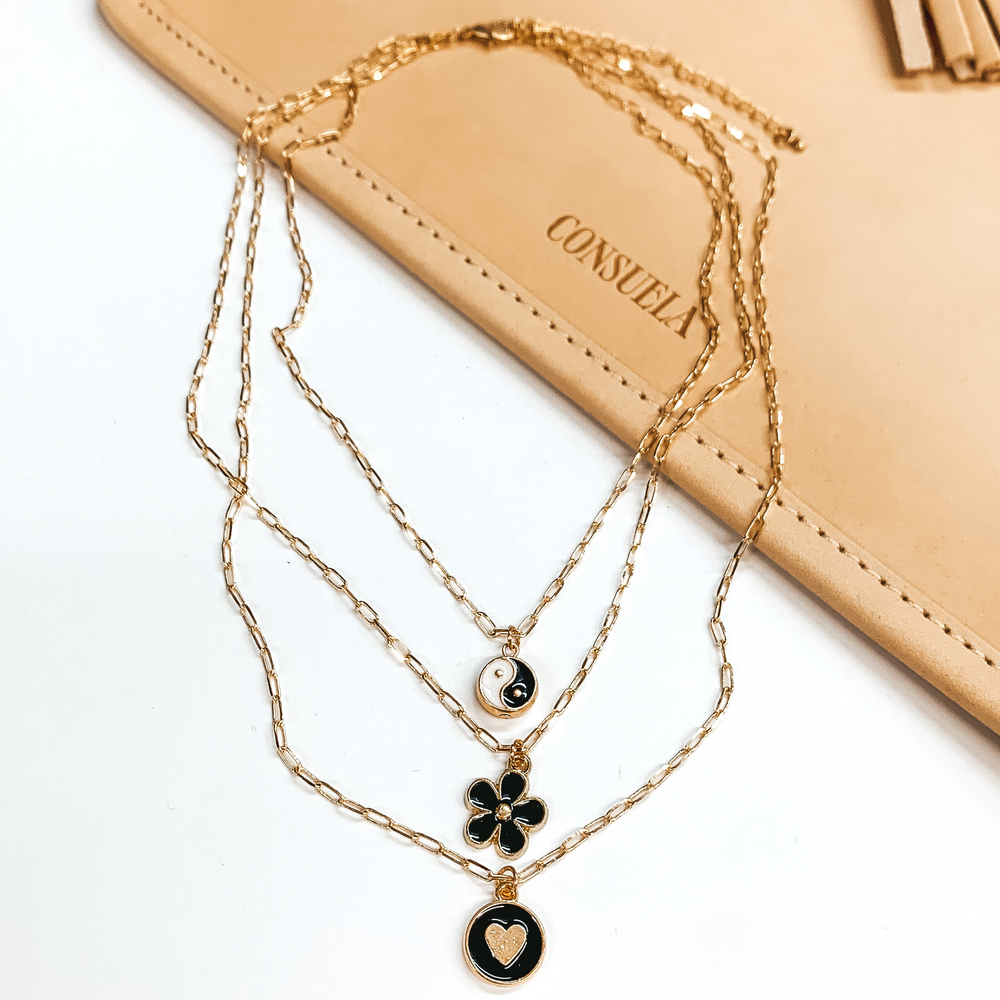 Three Strand Gold Multi Chain Necklace with Black Groovy Charms - Giddy Up Glamour Boutique