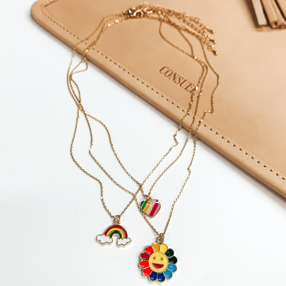 Three Strand Gold Multi Chain Necklace Set with 90's Rainbow Style Charms - Giddy Up Glamour Boutique