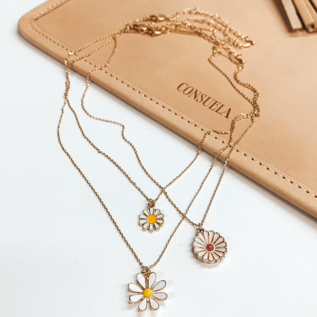 Three Strand Gold Multi Chain Necklace Set with 90's Flower Charms - Giddy Up Glamour Boutique