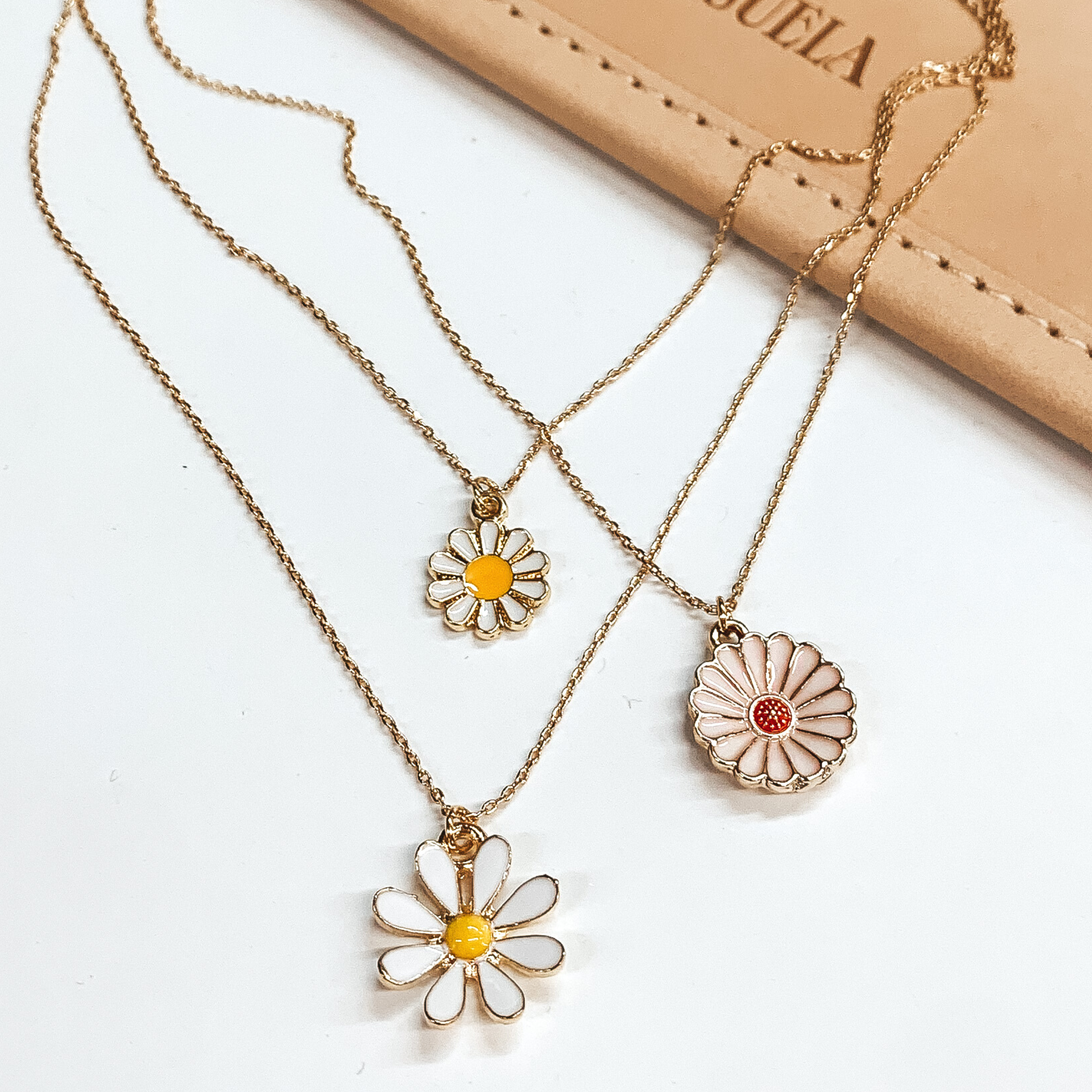 Three Strand Gold Multi Chain Necklace Set with 90's Flower Charms