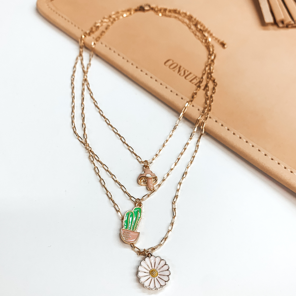 Three Strand Gold Multi Chain Necklace with Retro Western Charms - Giddy Up Glamour Boutique