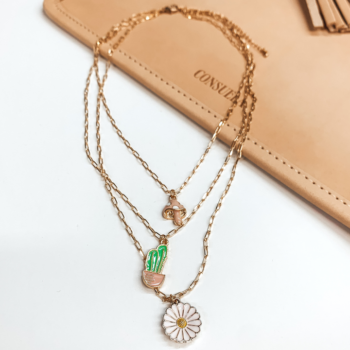 Three Strand Gold Multi Chain Necklace with Retro Western Charms - Giddy Up Glamour Boutique