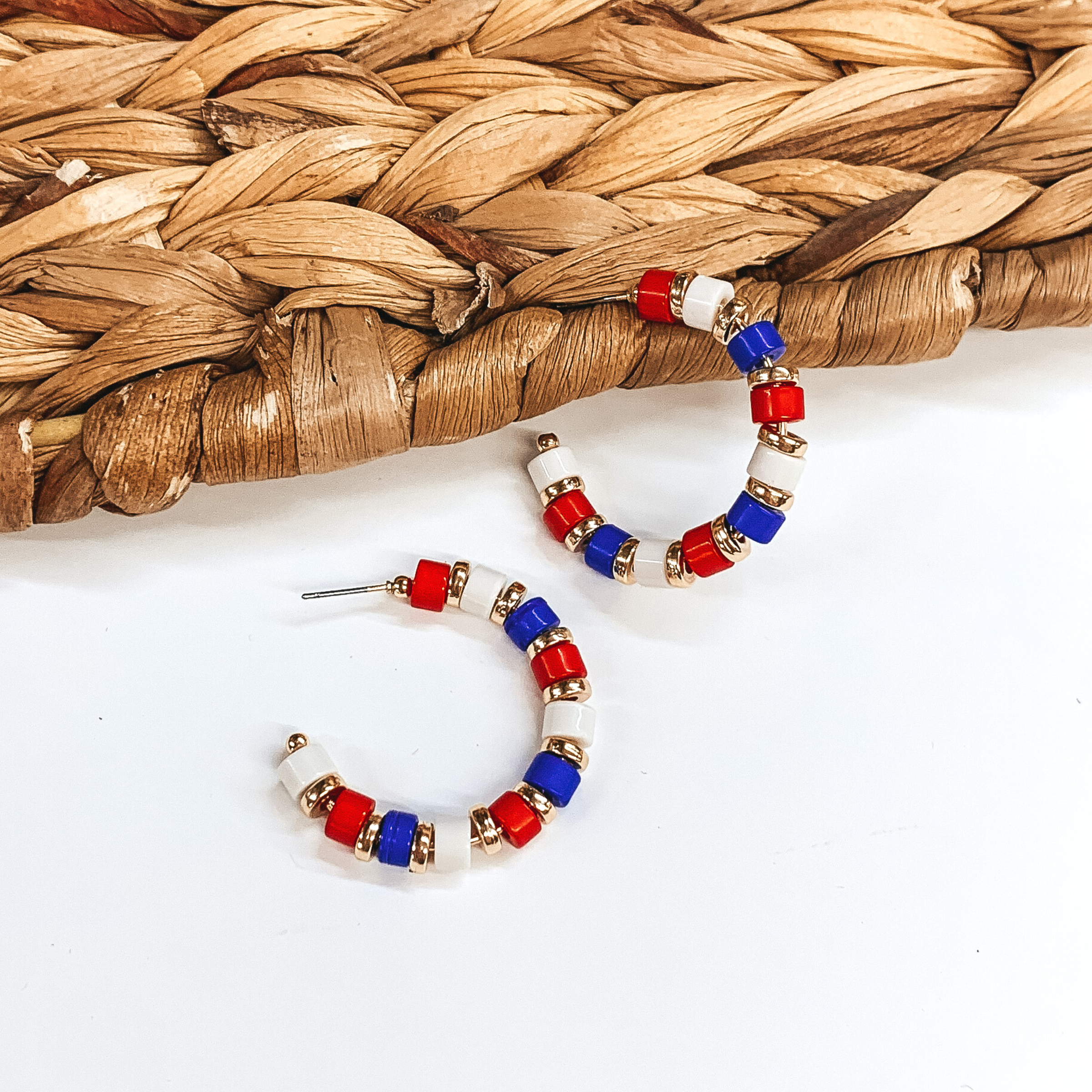 Hoop Post Earrings with Red, White, Blue Beads and Gold Spacers - Giddy Up Glamour Boutique
